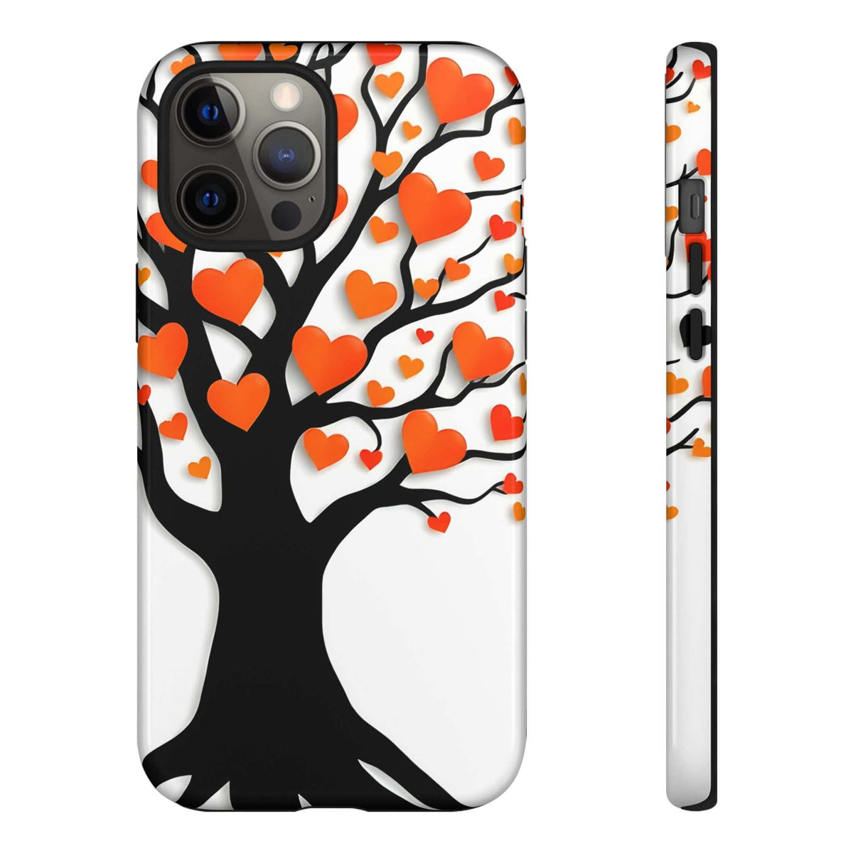 Heart tree phone case with orange heart pattern, black branches, camera cutouts