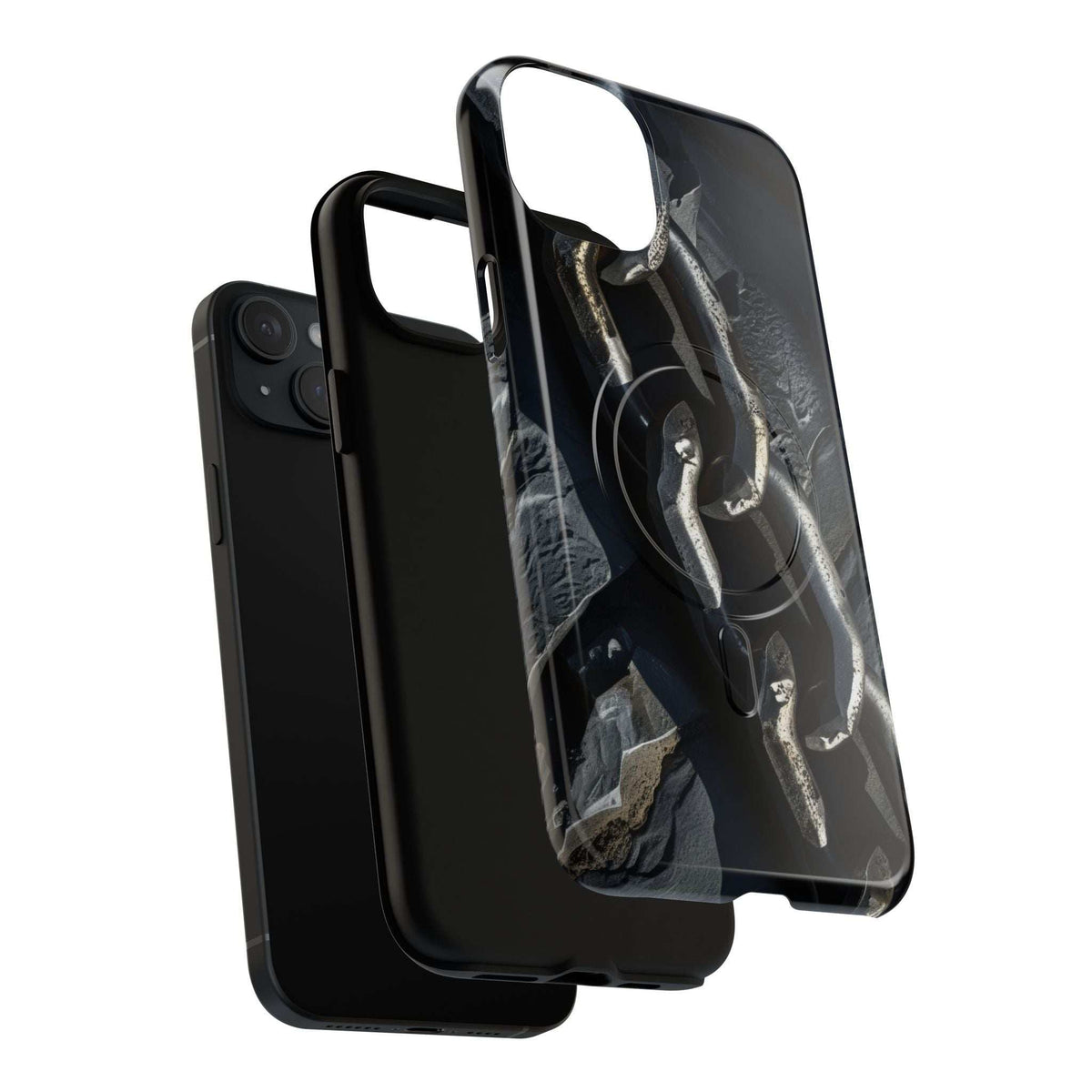 Magnetic phone case with iron chain design, dark finish, dual-device protective angle