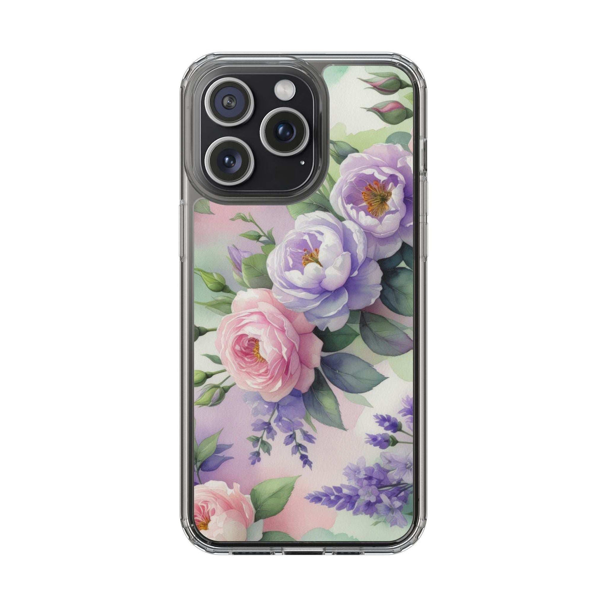 Clear floral phone case with pastel rose and lavender bouquet design, camera cutouts visible