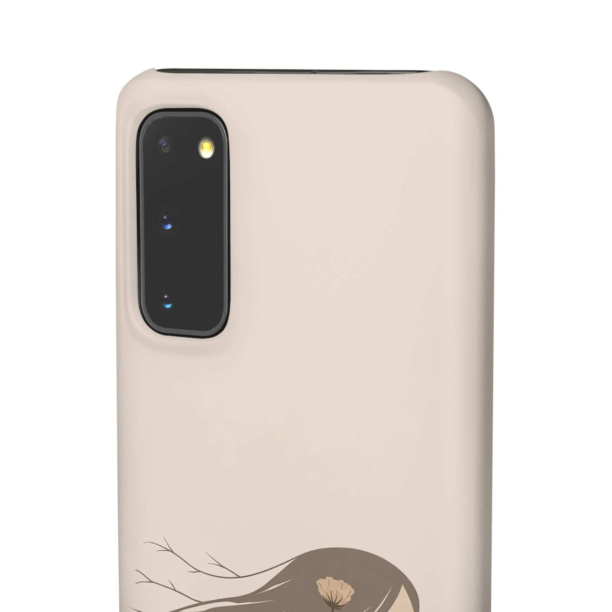 Light beige phone case with camera window and floral branch graphic on back