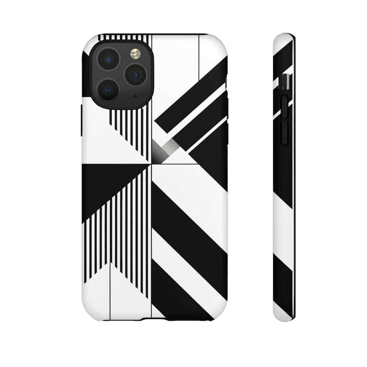 Tough phone case with black-and-white geometric stripes pattern, front and side