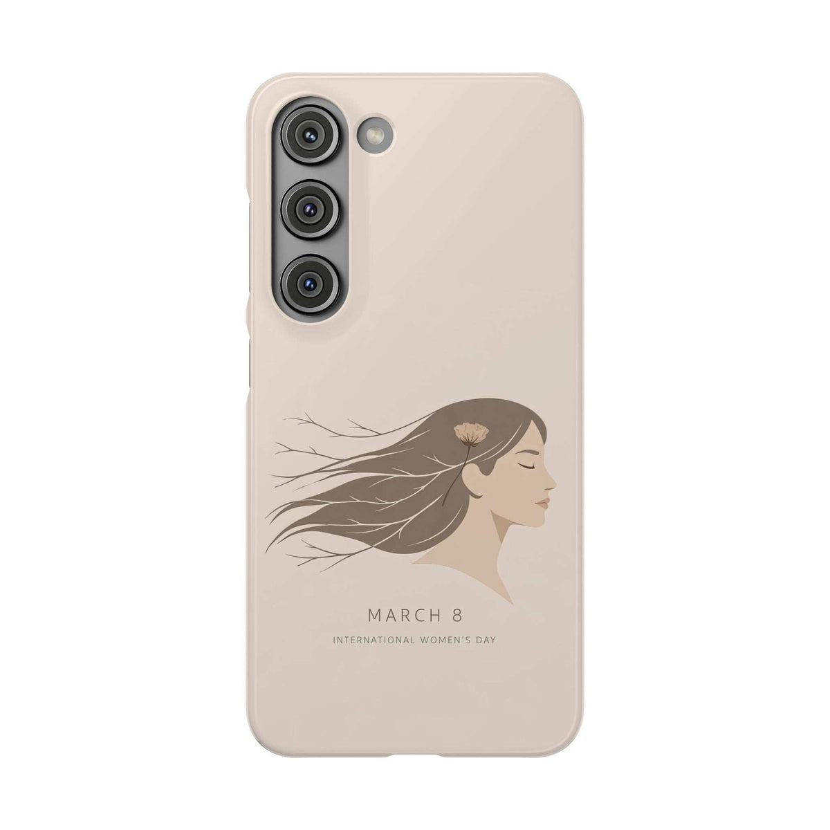 Beige phone case with vertical triple camera cutout and March 8 women’s day profile art