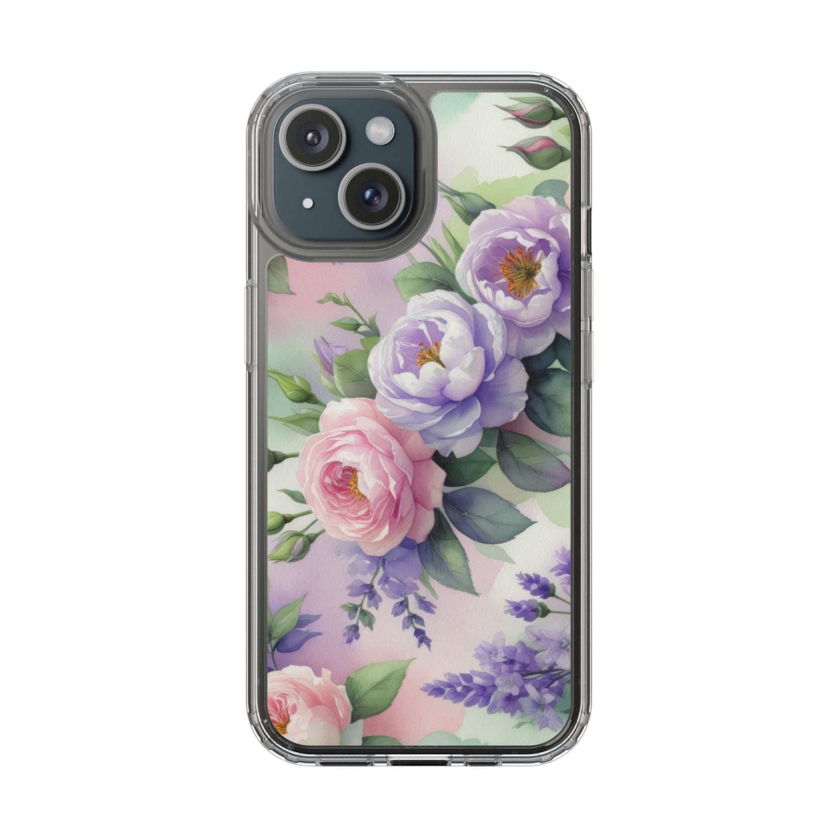 Clear floral phone case with pastel rose cluster and purple blossoms, front view