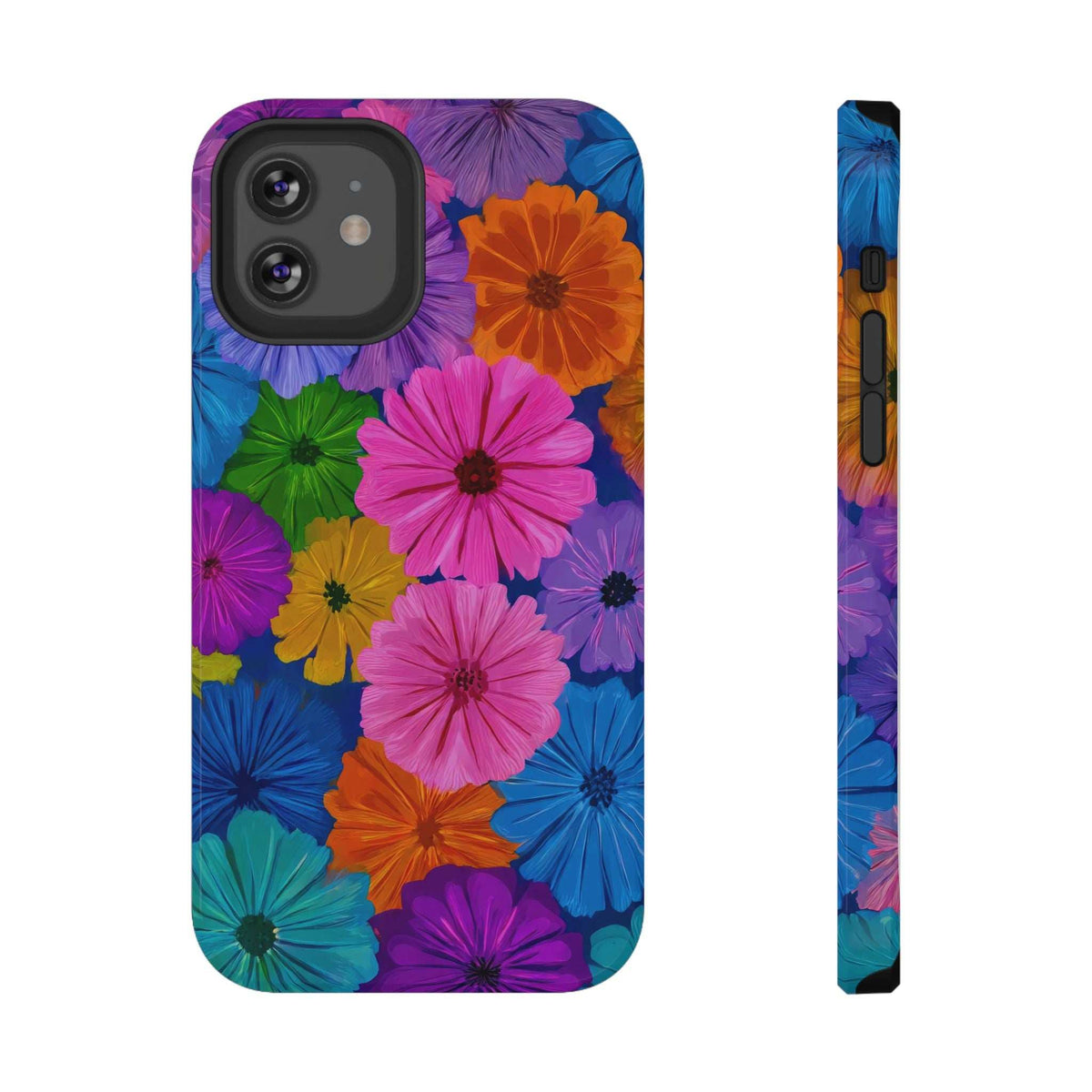 Multicolor floral phone case with black camera cutout, back and side view