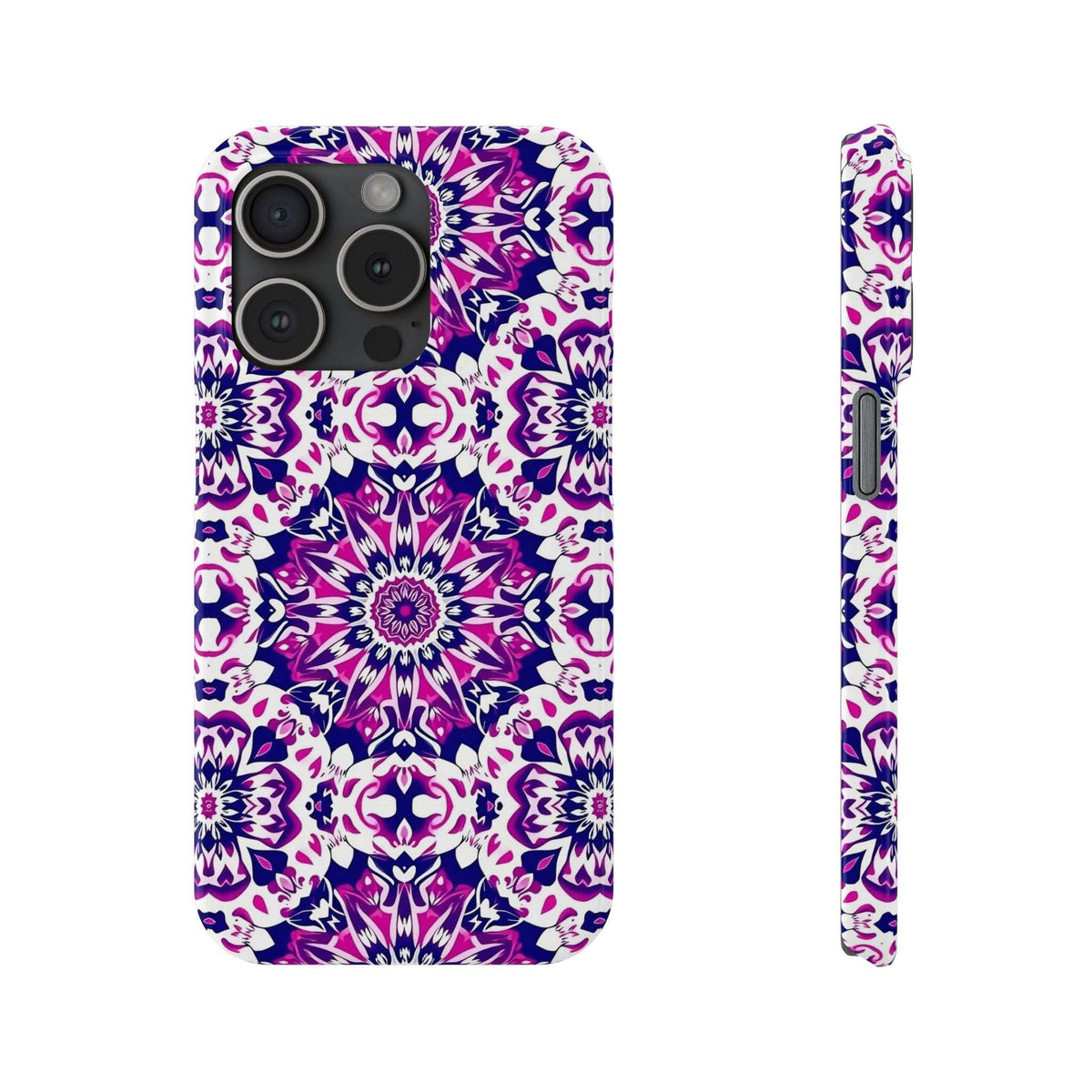 Purple and white mandala phone case, back with large camera array cutouts and side edge