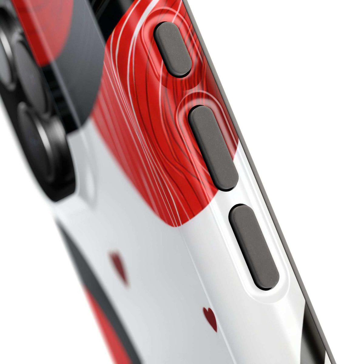 Phone case side view with textured grip look and heart design in red and black