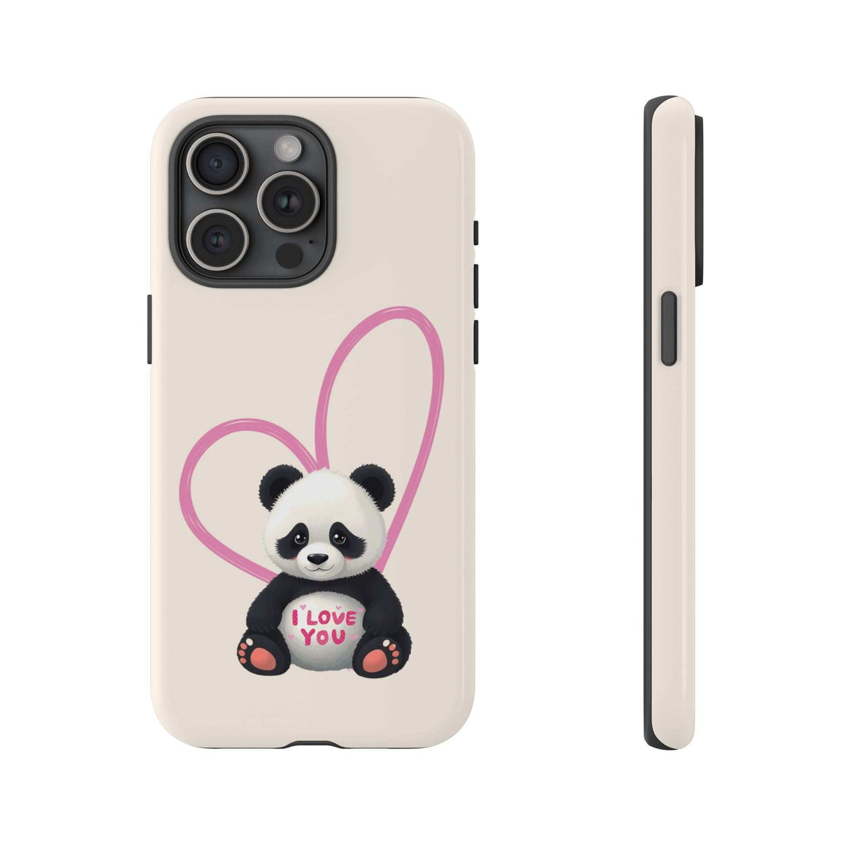 Beige phone case with panda in pink heart, camera cutouts and side button openings