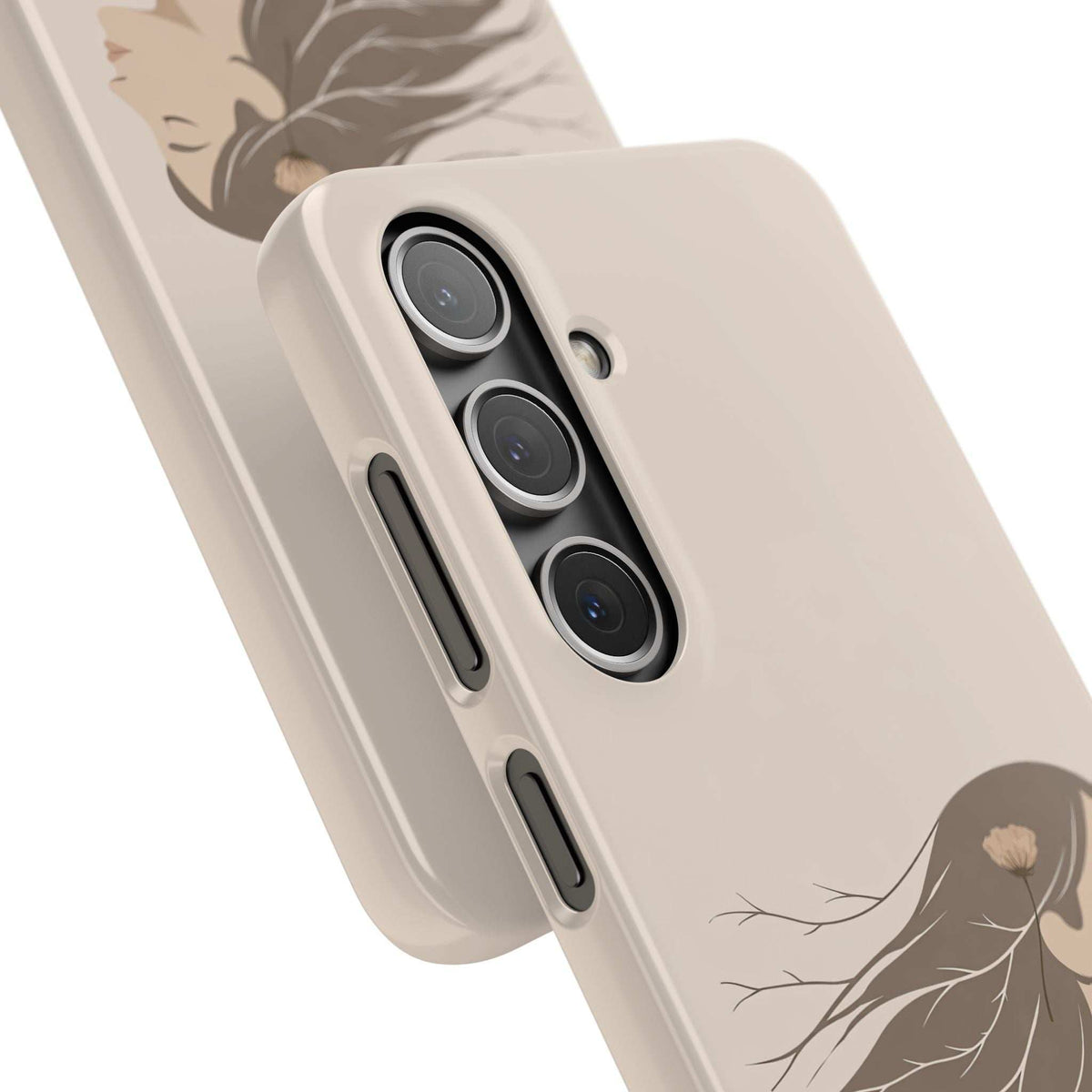 Light tan phone case close-up of lens area with woman line-art and side button opening