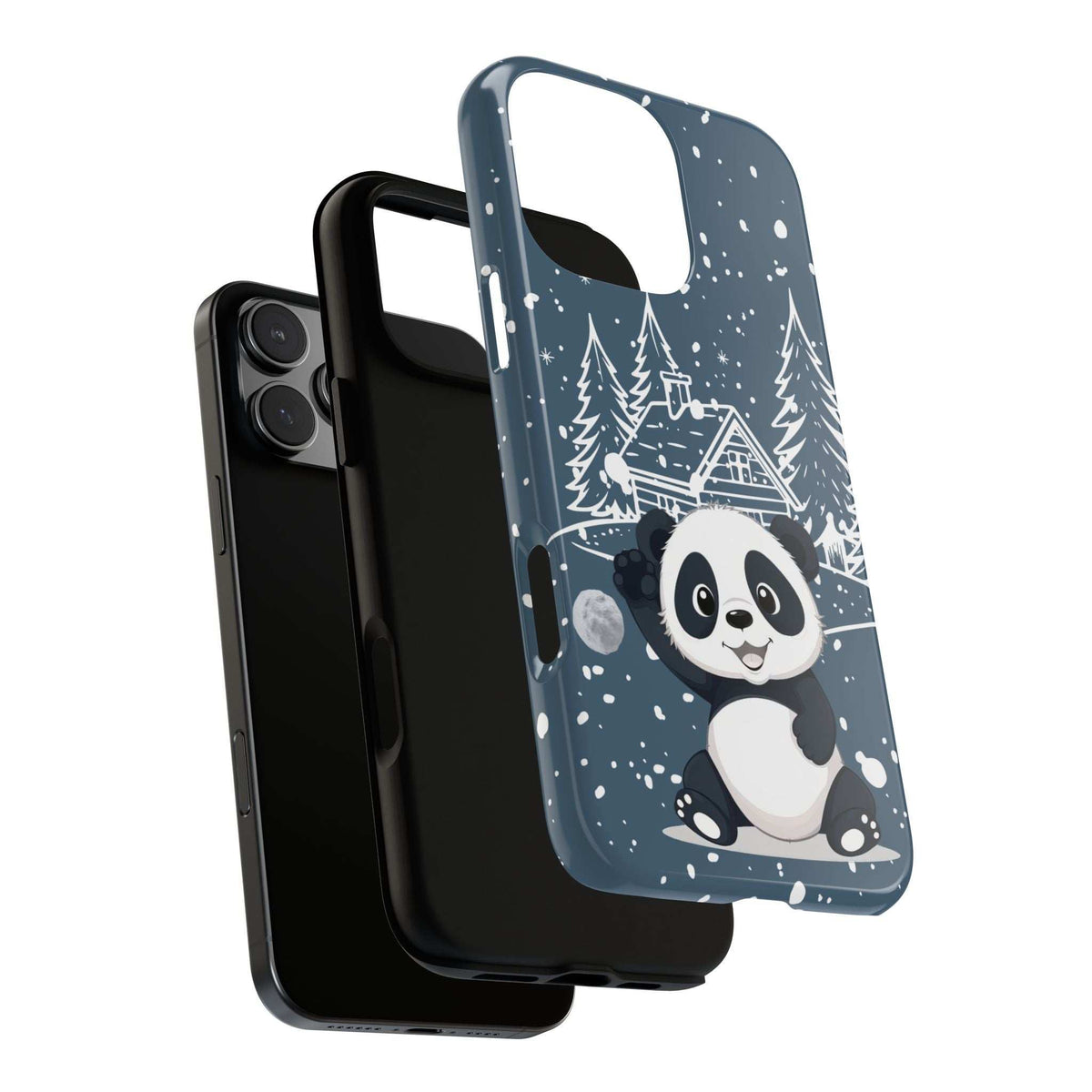 Blue phone case with panda winter design, shown with phone side profile and camera opening.