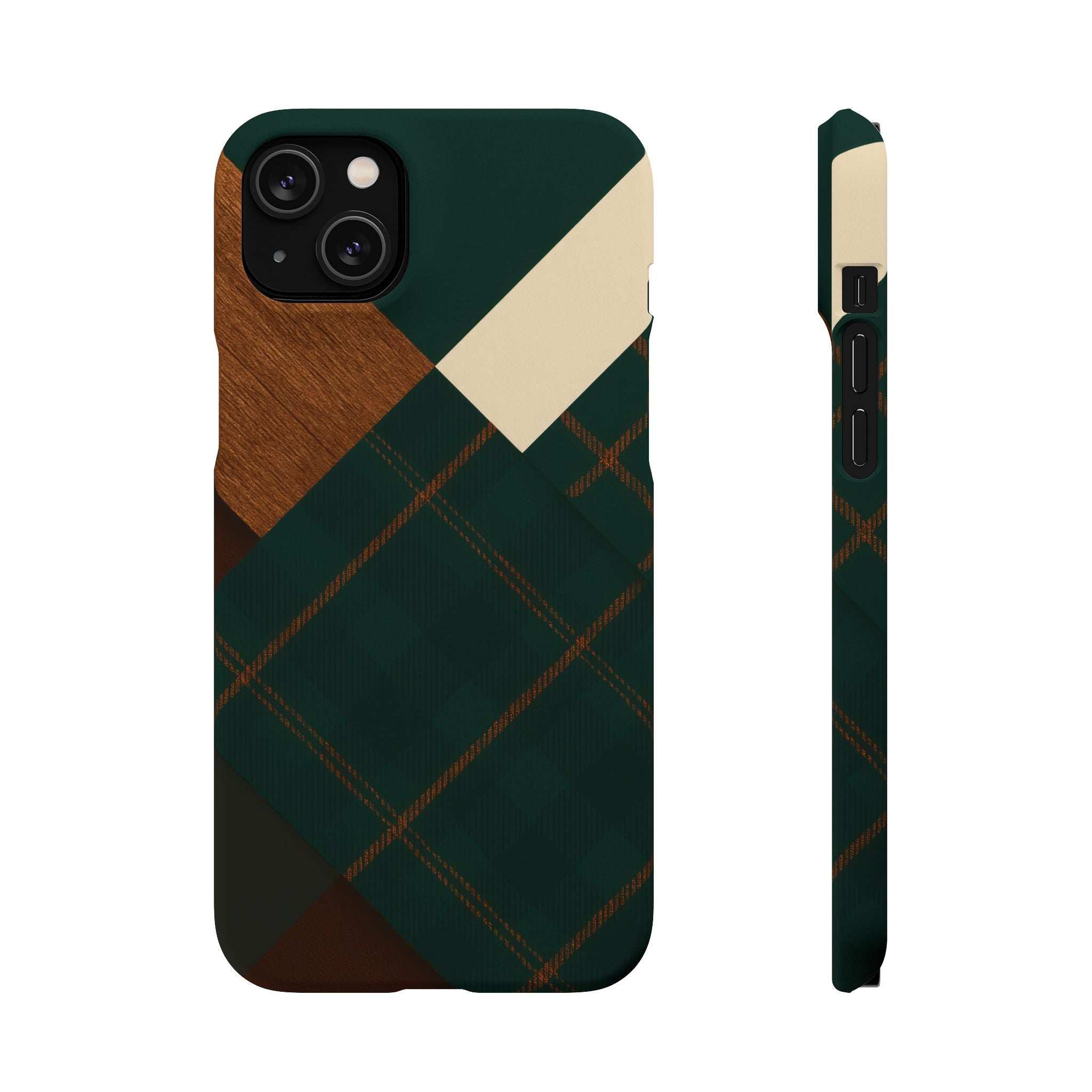 Phone case with dark green, tan, and plaid pattern; dual camera cutouts and raised edge