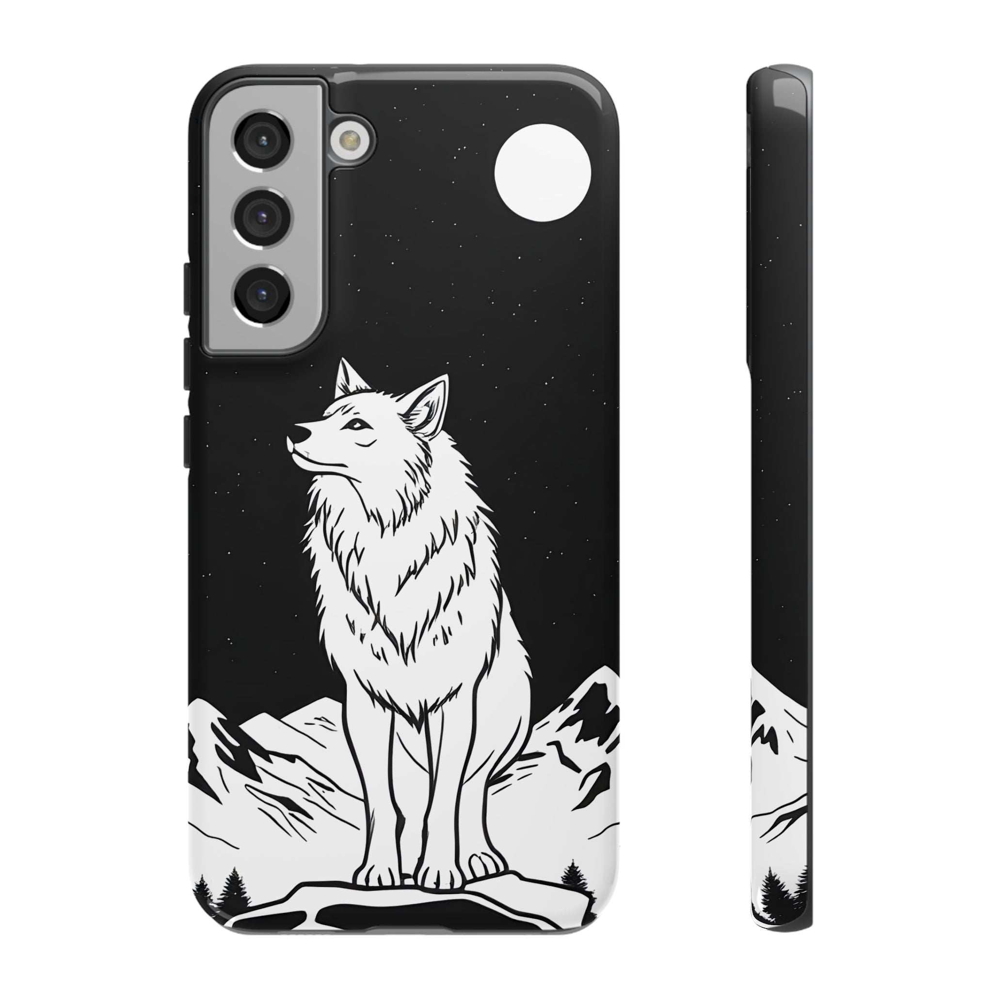 Matte-style black phone case with white wolf illustration, moon, and camera opening.