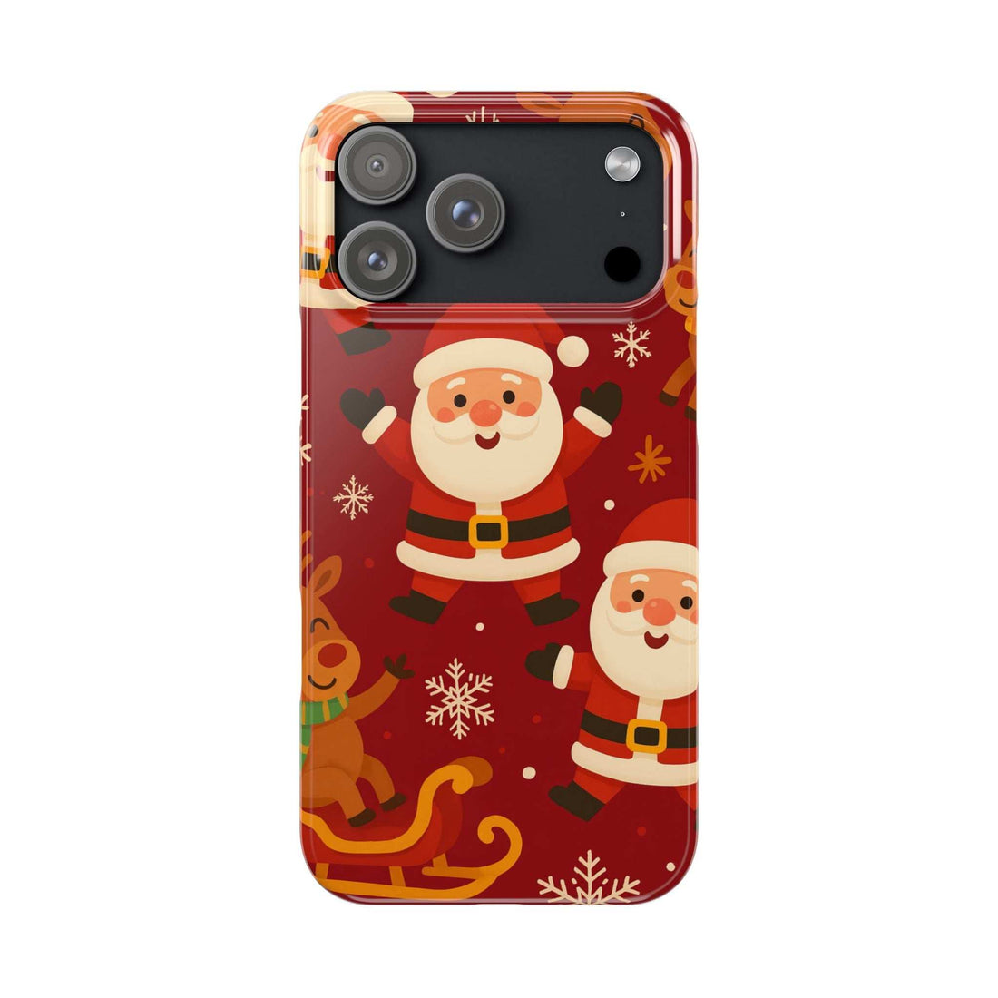 Red holiday Santa phone case with gingerbread and snowflakes, raised camera cutouts