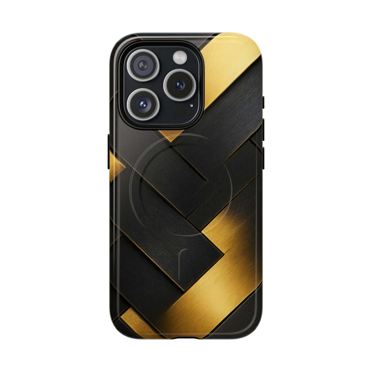 Glossy black phone case with gold chevron highlights, rear view with triple lens openings