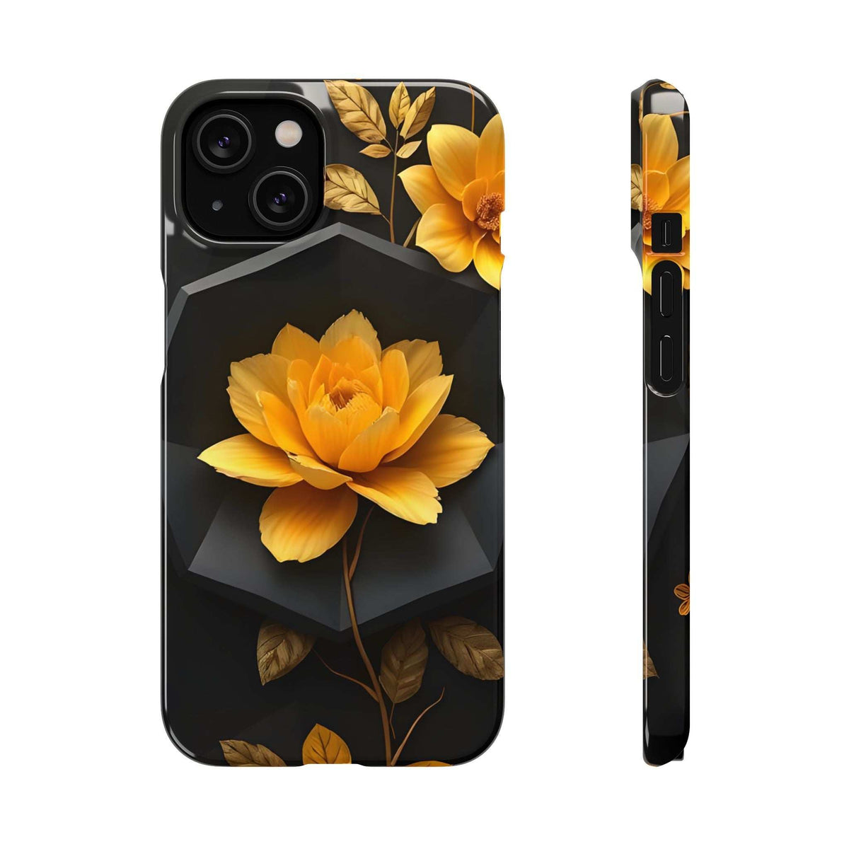 Black phone case with yellow floral peony center; side profile shows printed strip
