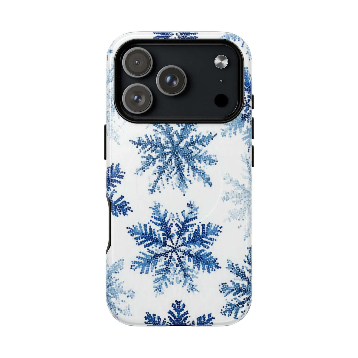 iPhone 13-17 phone case, white with blue snowflakes and rectangular camera module cutout