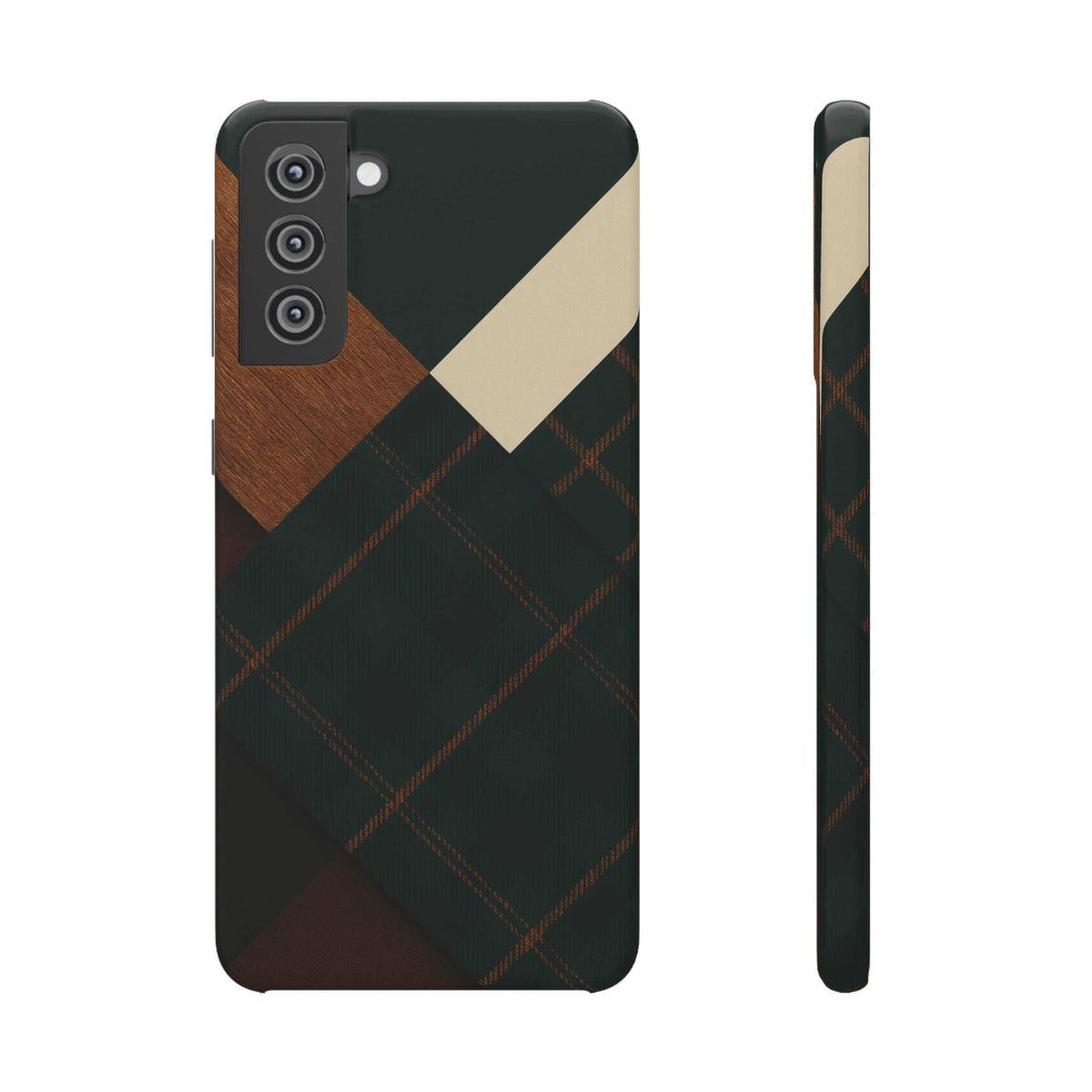 Dark green phone case with wood panel and plaid diamond pattern; camera cutouts on back.