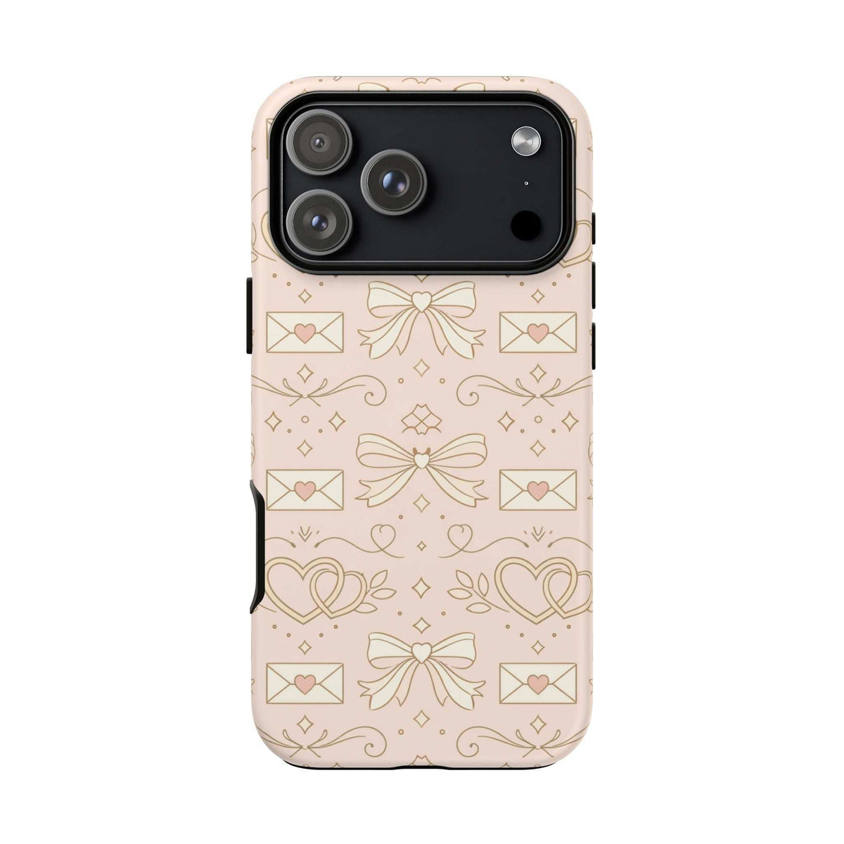 Light pink tough phone case with heart and bow pattern, multi-lens camera cutout