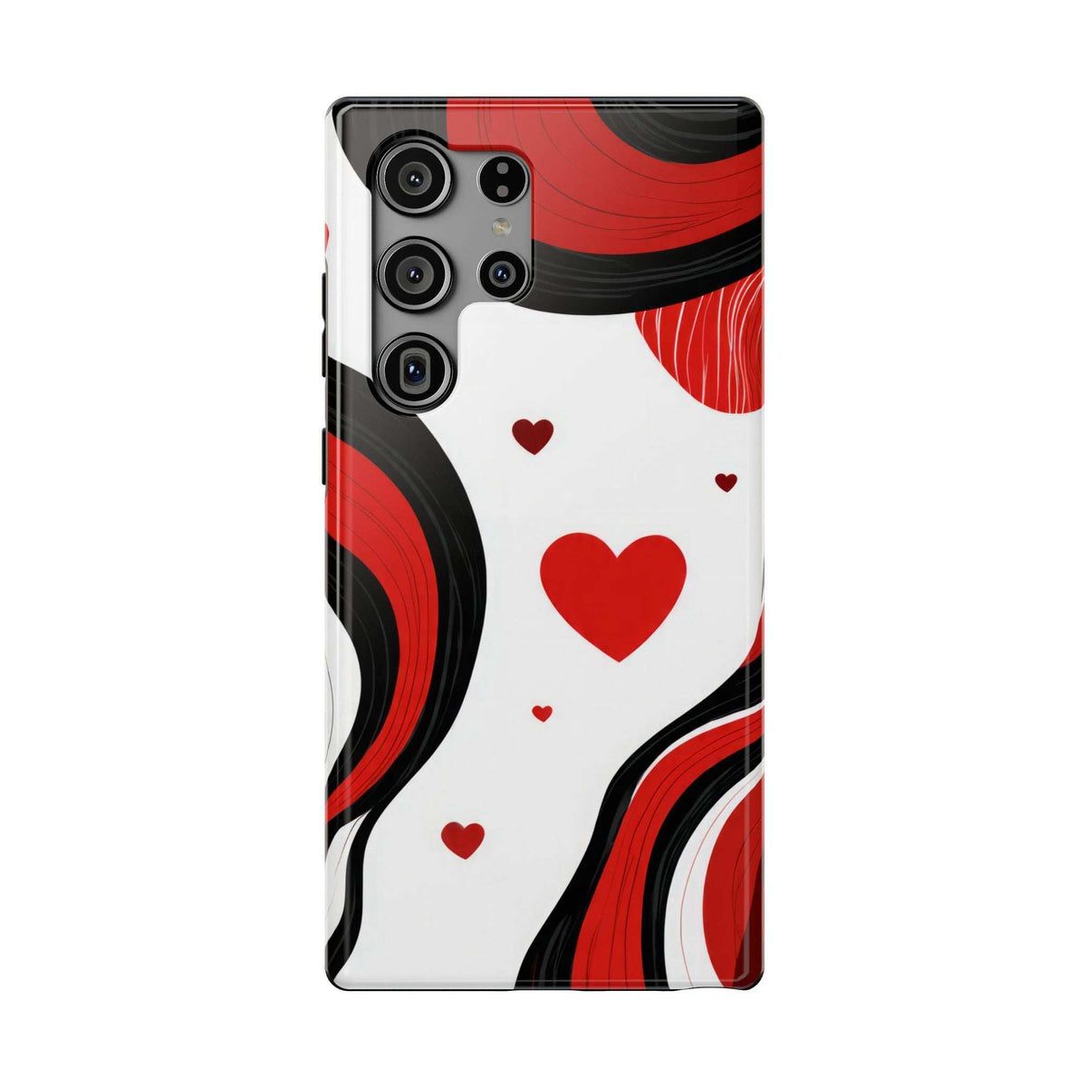 Glossy phone case with red and black swirl pattern and small red hearts on white