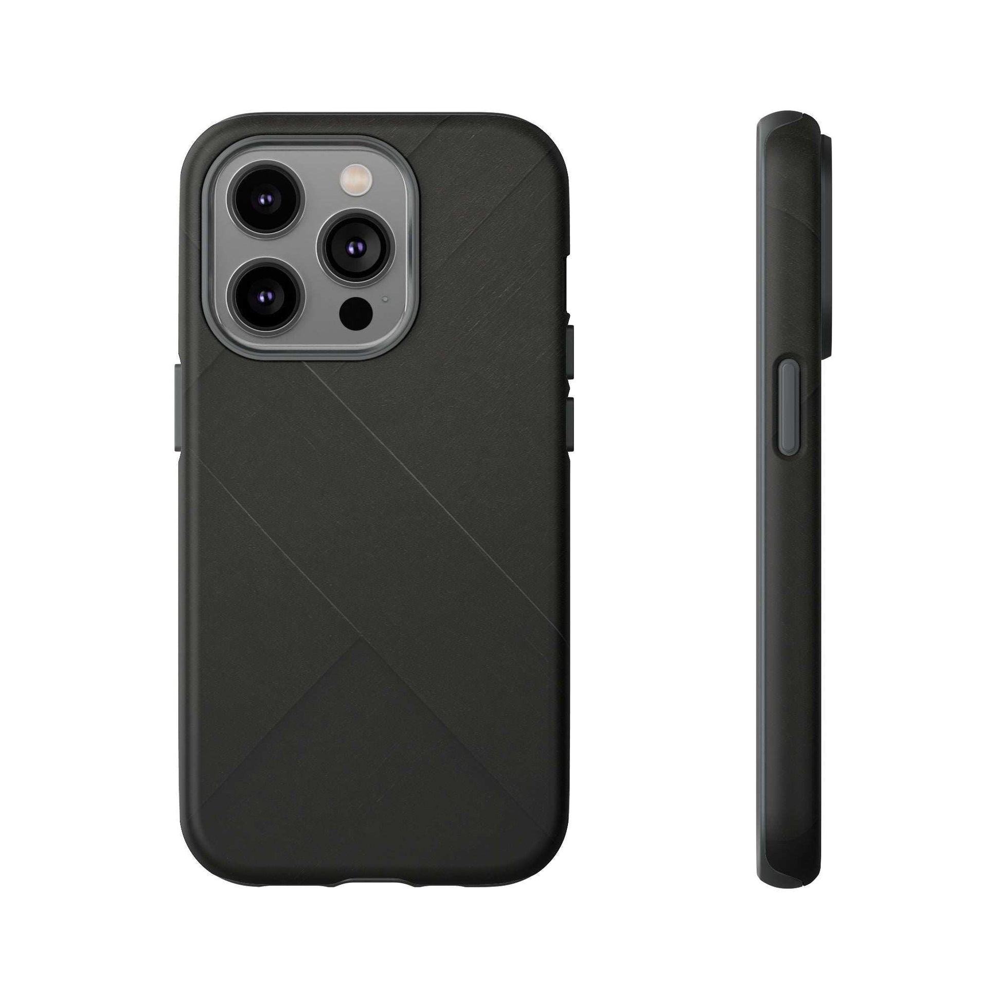 Matte black phone case with diagonal line pattern and raised quad camera cutouts