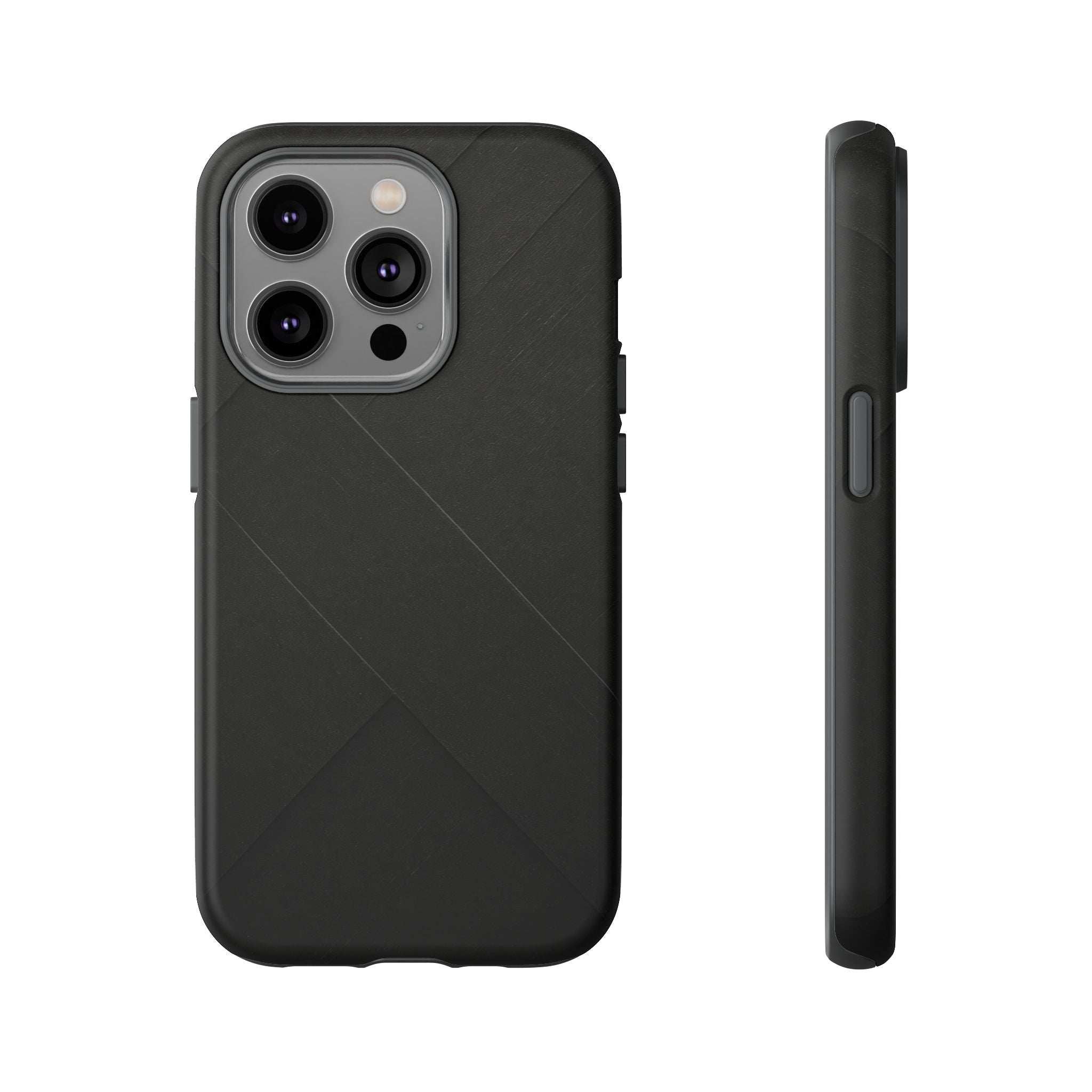 Matte black phone case with diagonal line pattern and raised quad camera cutouts