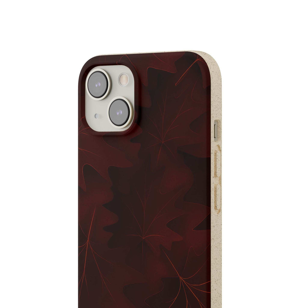 Phone case in dark red with leaf design; camera openings and side button cutouts