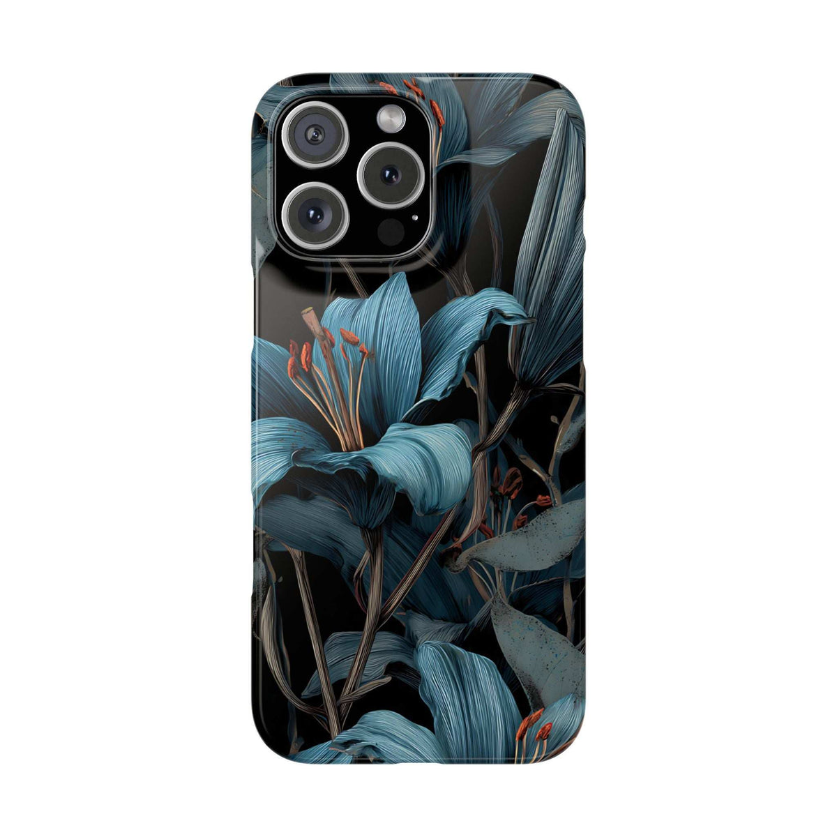 Blue and teal floral phone case with triple-camera cutout and raised edges