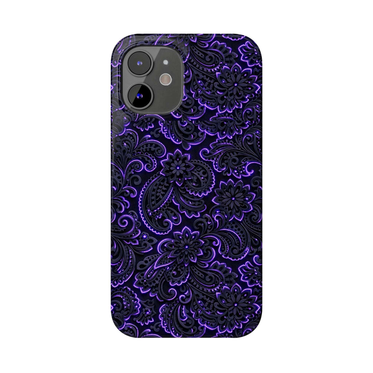 Neon purple paisley phone case with gray camera lenses and small flash dot