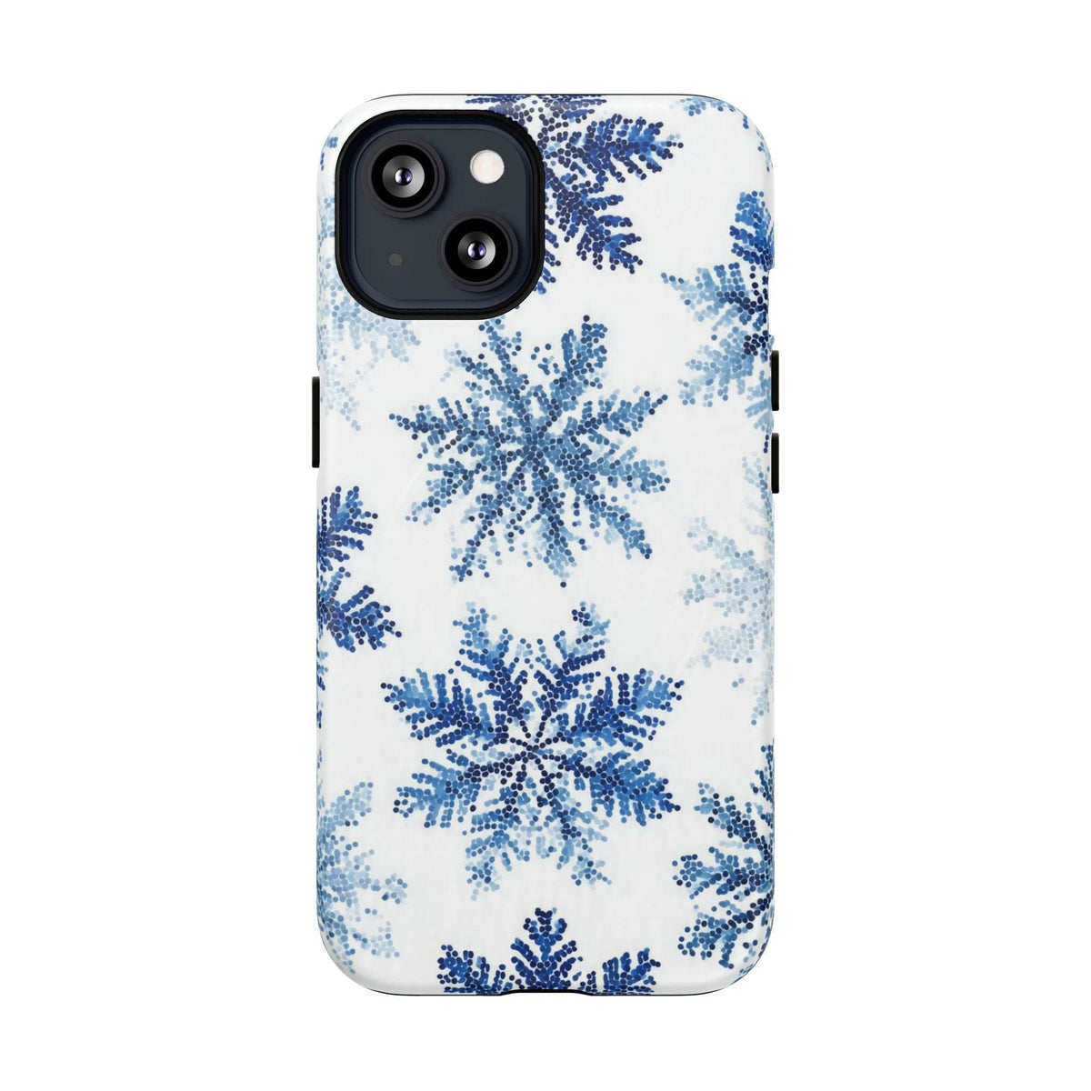 iPhone 13-17 phone case in white with blue snowflakes and dual-camera cutout