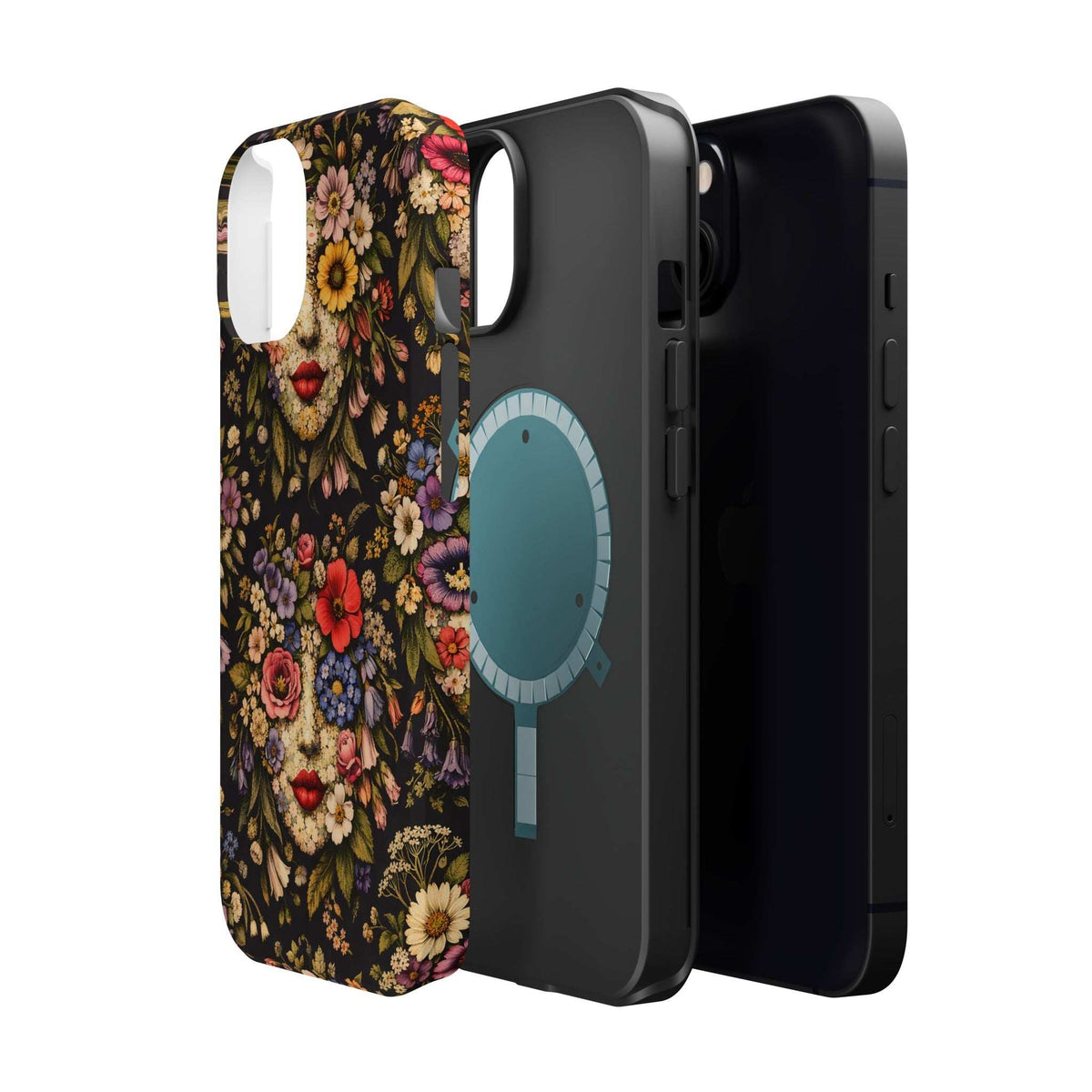 Floral vintage face phone case side view; back pattern visible with button and camera openings.
