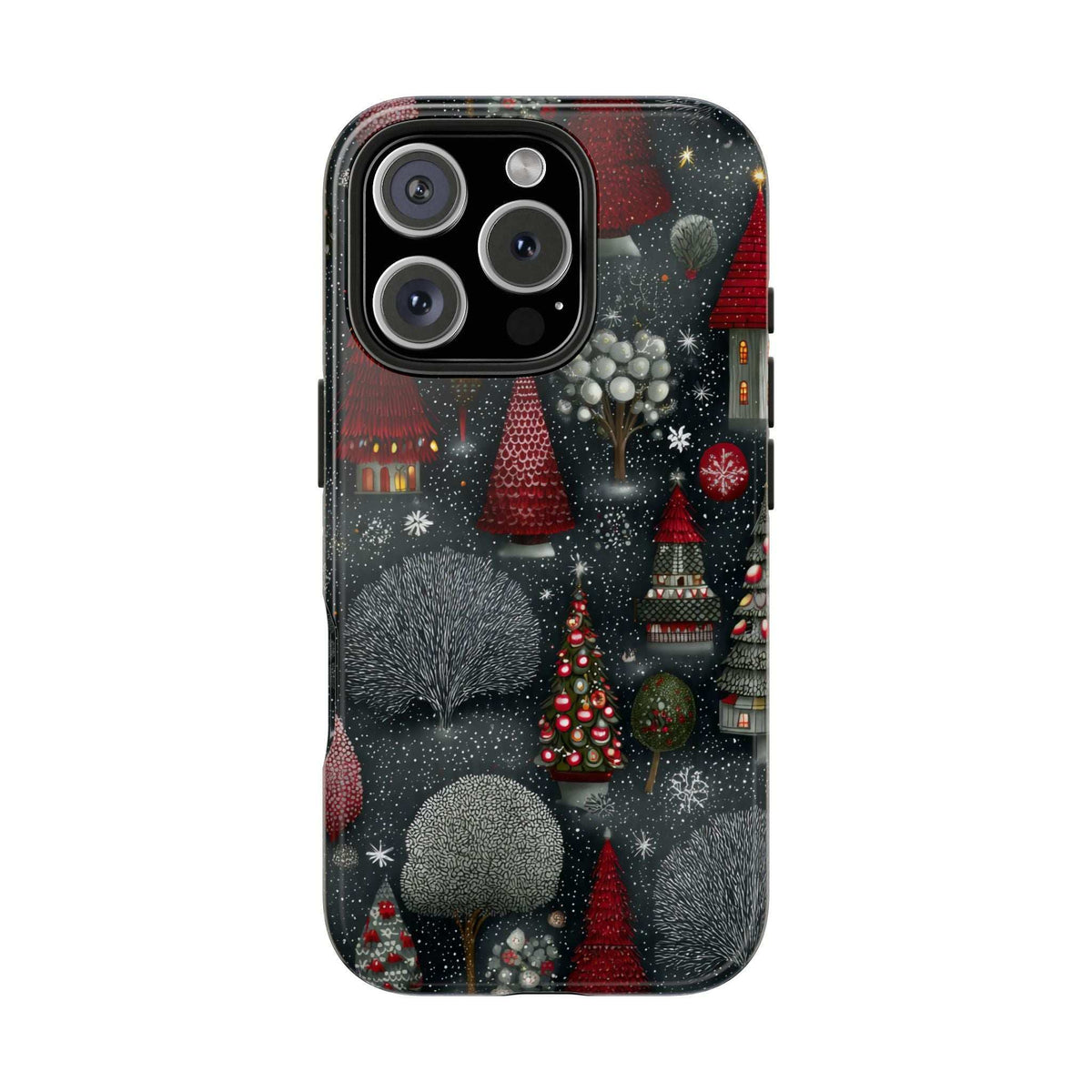 Frosted fir magic phone case with dark winter village design and frosted trees