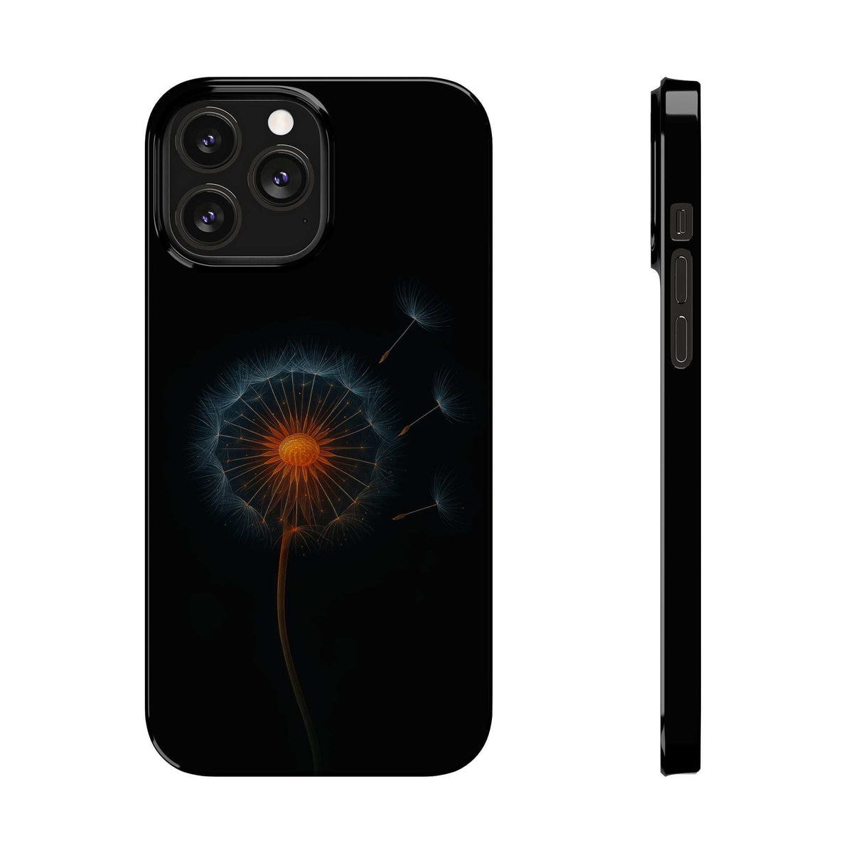 Black phone case with glowing dandelion design and camera cutouts, shown with side