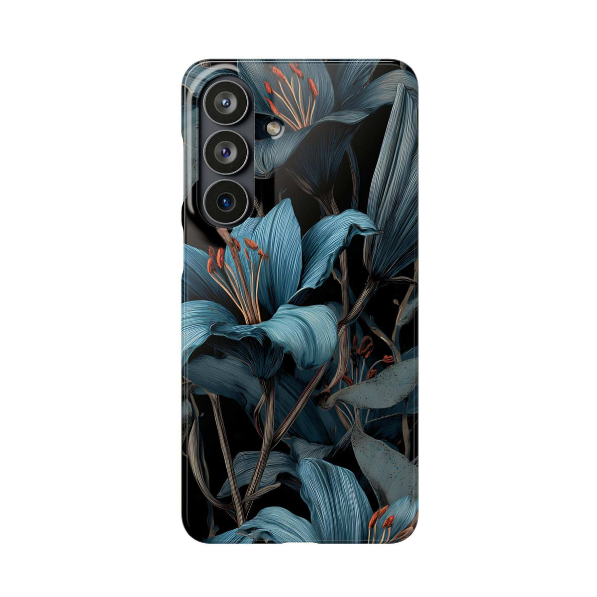 Phone case with dark foliage and bright blue blossoms, slim fit