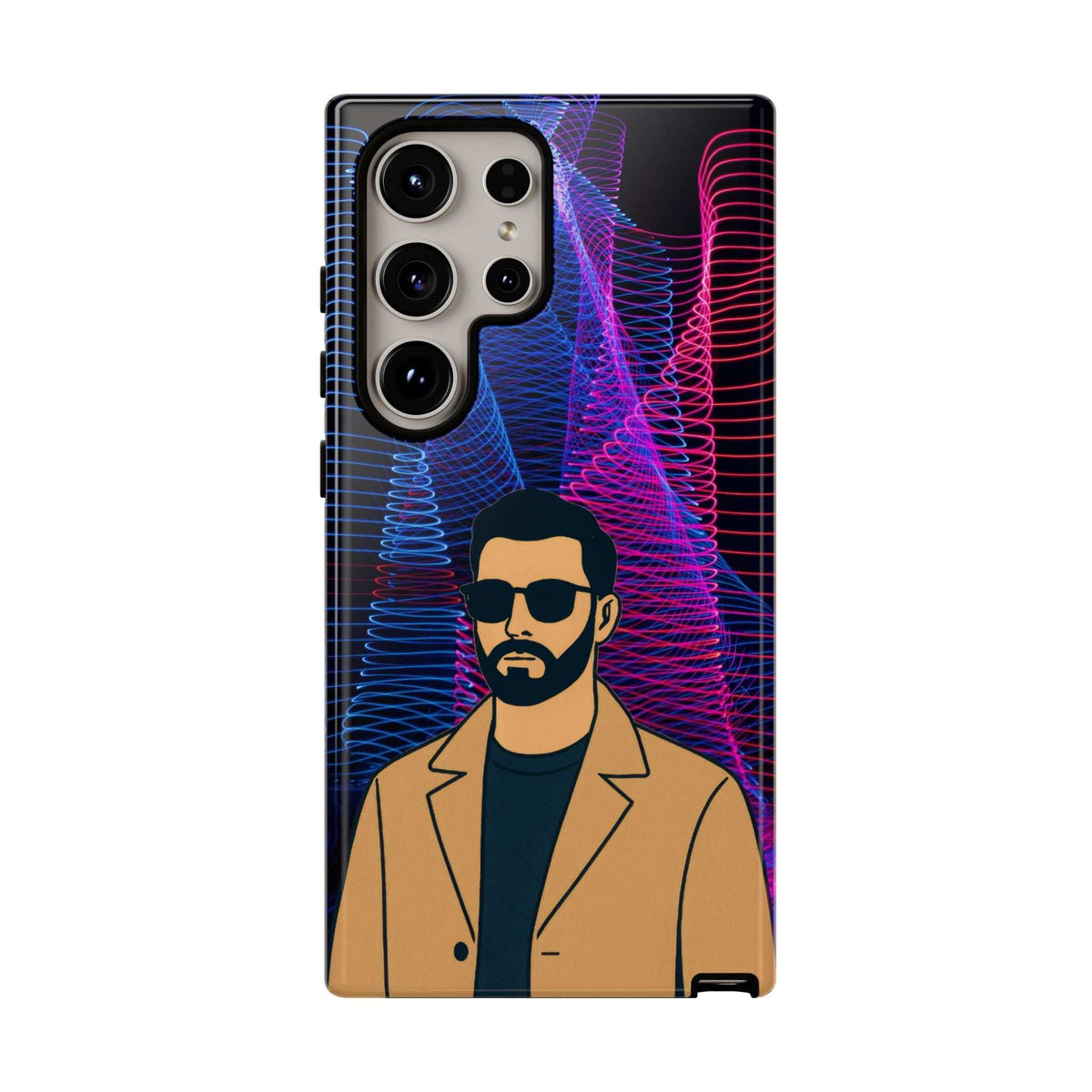 Glossy phone case with bearded man graphic, neon blue/pink lines, and quad camera cutouts.