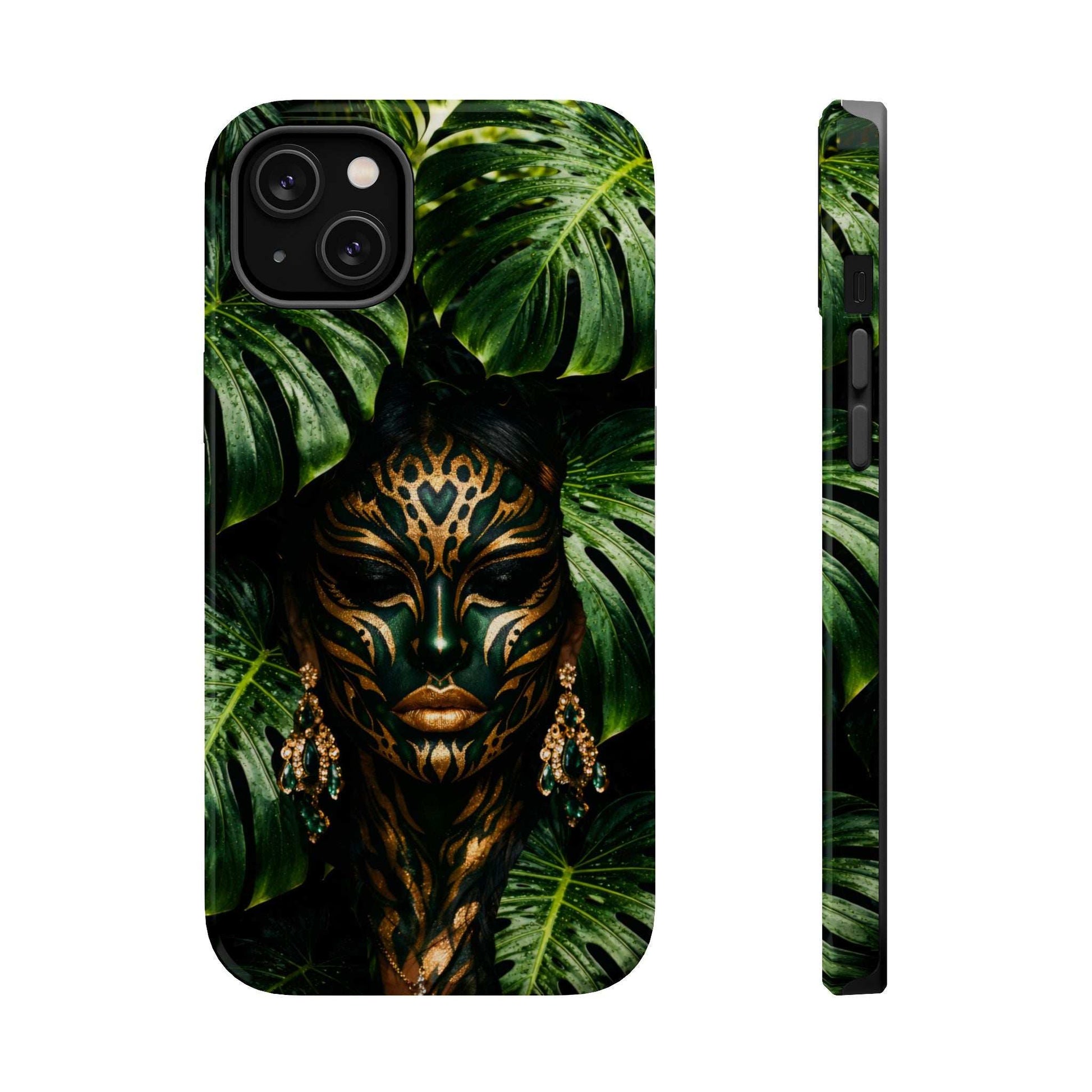 Jungle mask phone case with gold details and vivid green leaf background