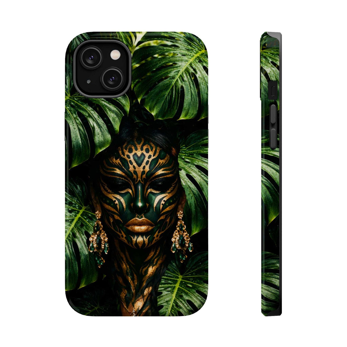 Jungle mask phone case with gold details and vivid green leaf background