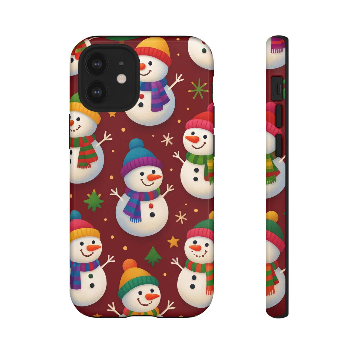 Glossy phone case with snowmen pattern; back camera cutouts and side profile shown
