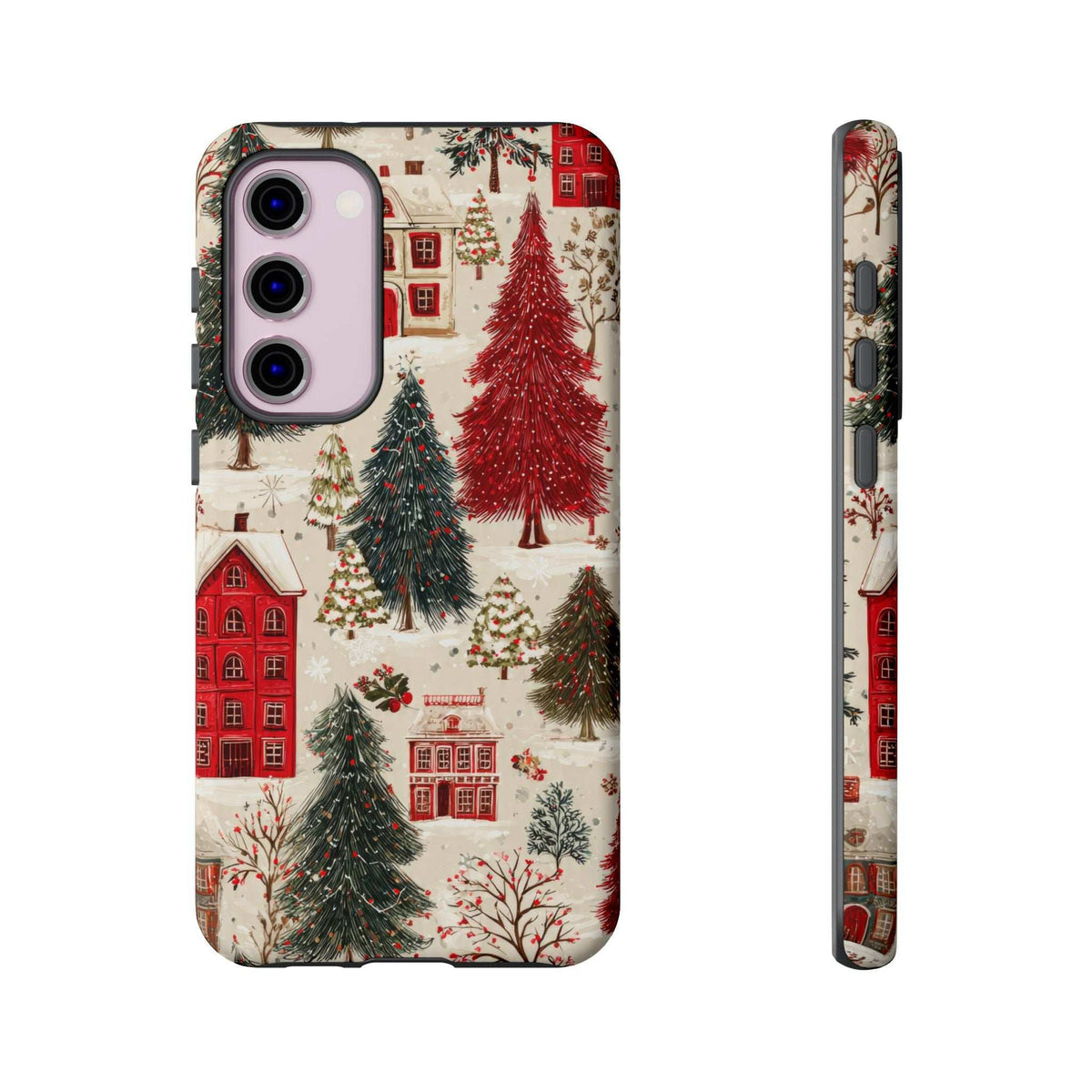 Winter village phone case featuring pine trees and red buildings; camera cutout on back.