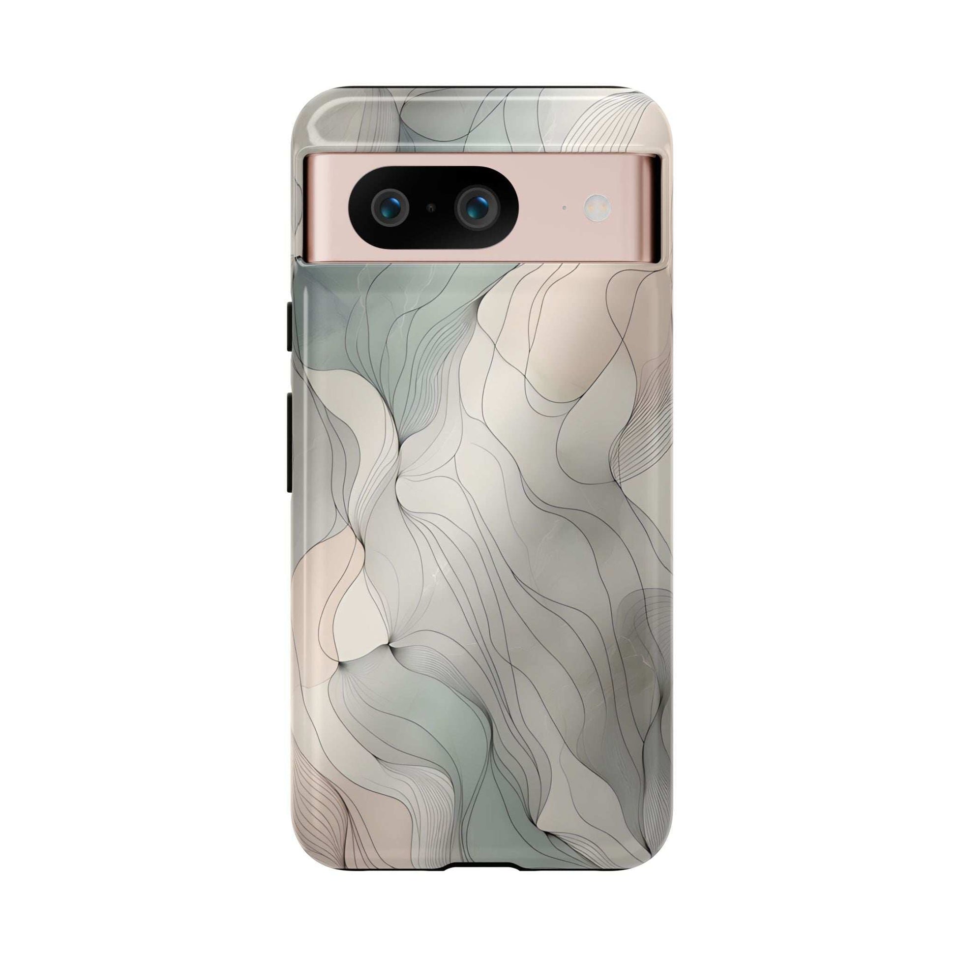 Pastel wave phone case with cream base and teal-gray wavy lines and camera opening
