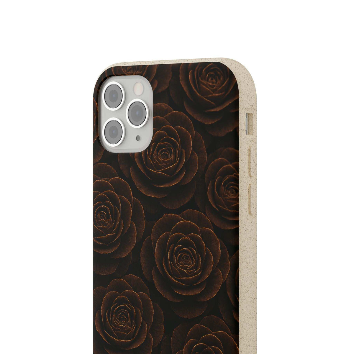 Black phone case with rose pattern and raised camera cutouts