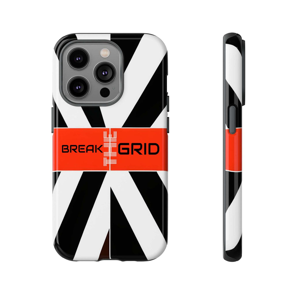 Phone case with black-and-white geometric stripes, red "Break Grid" band, front and side view.