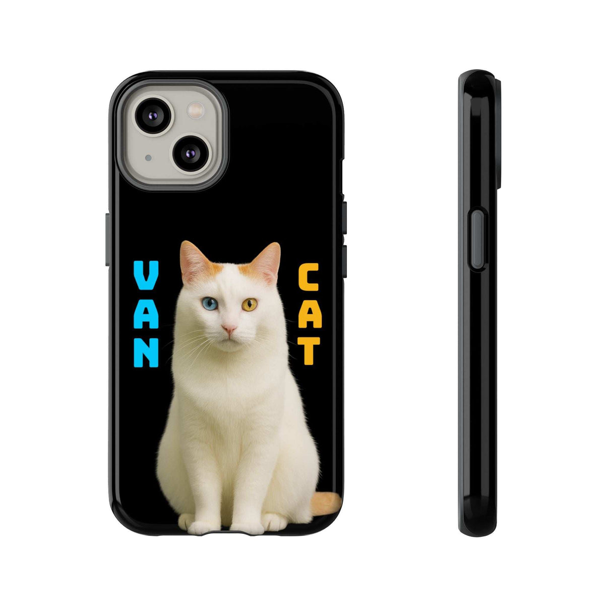 Glossy black phone case with white cat graphic and VAN CAT lettering, dual-lens camera cutout