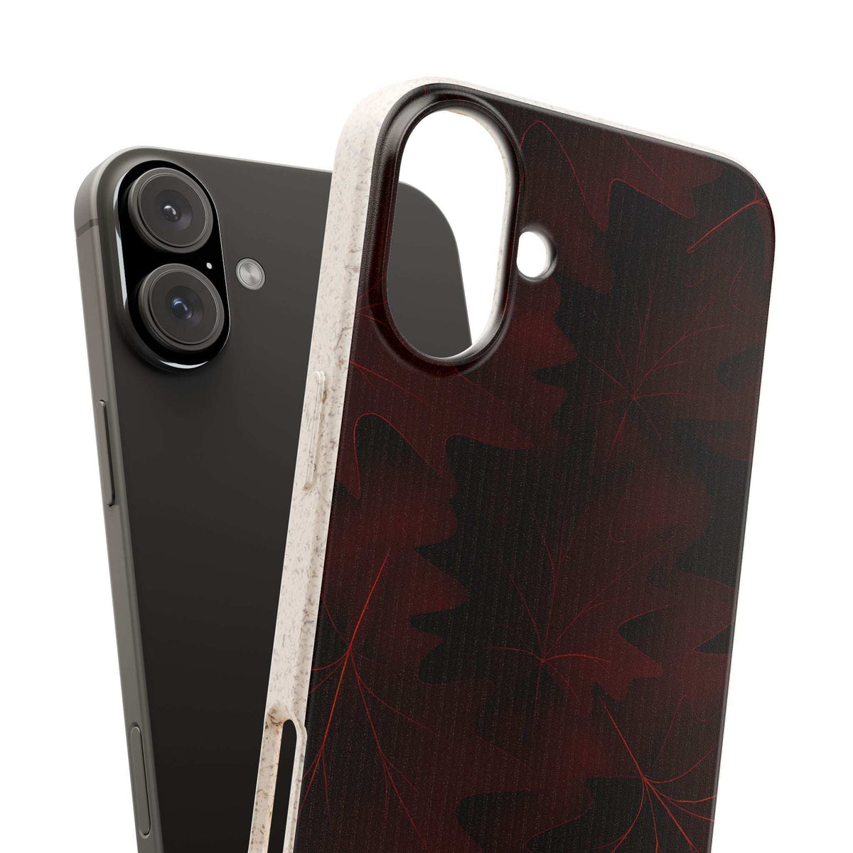 Burgundy maple leaf phone case with raised camera rim and side port cutout