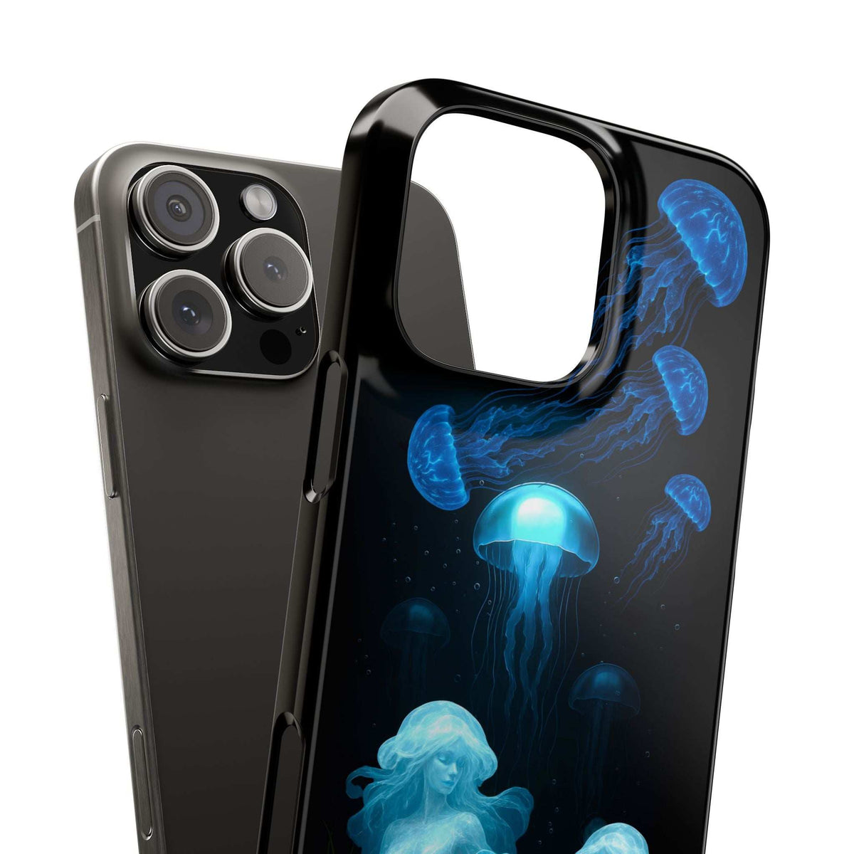 Black phone case with blue jellyfish design, rose motif, and camera cutout