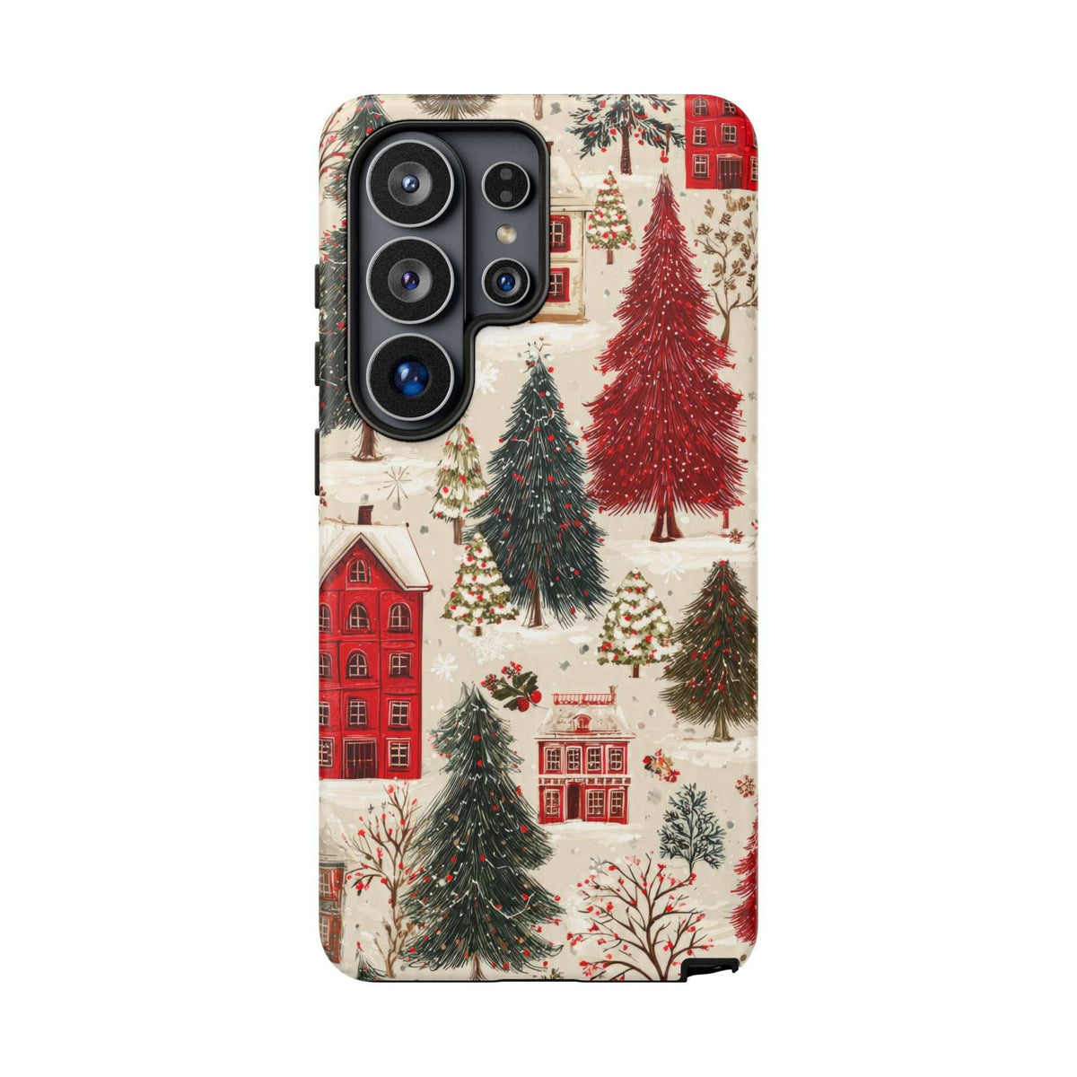 Winter village phone case with red houses and pine trees; side button cutouts.