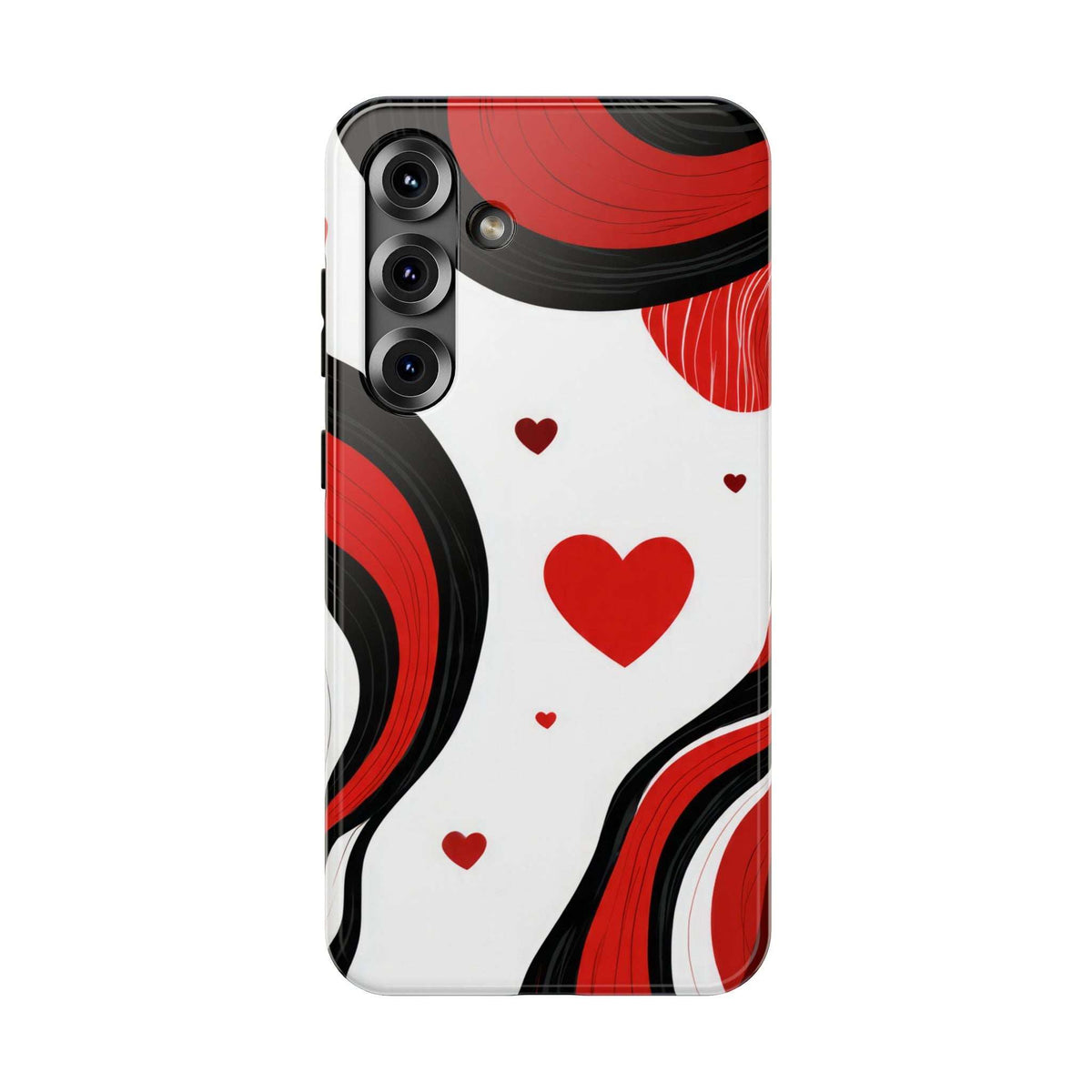 Glossy phone case with white base, red hearts, and red/black swirl pattern near camera module