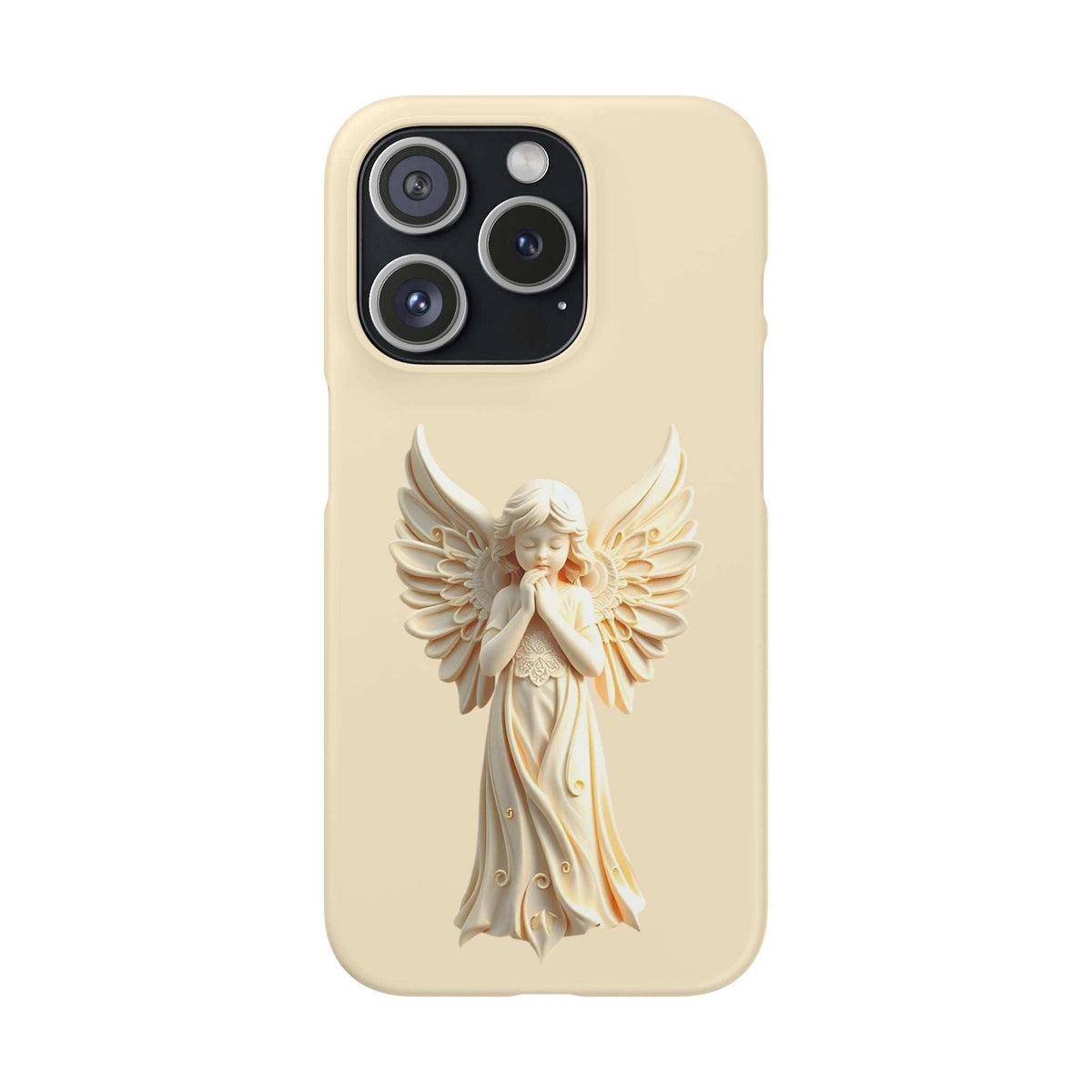 Beige phone case showing a detailed angel with four-lens camera cutout