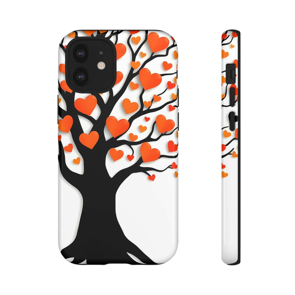 Phone case with white background and black heart tree, orange/red hearts; dual camera cutouts