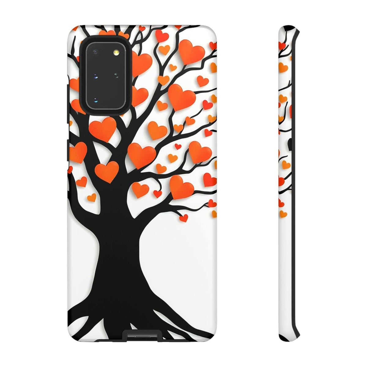 Phone case front view with black heart tree and orange/red hearts; camera and flash openings