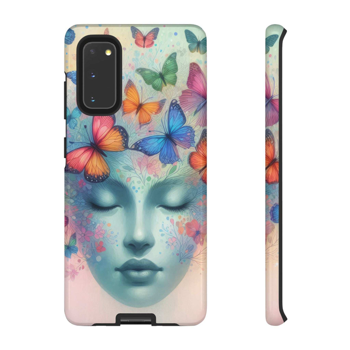 Phone case with butterfly face artwork and corner camera cutout, front view