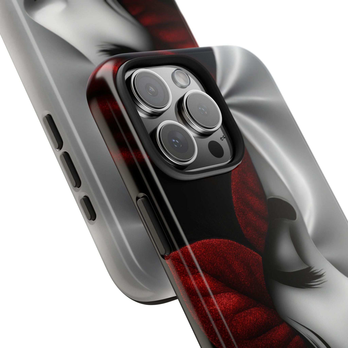 Red-and-black abstract phone case with camera cutouts for iPhone and Galaxy